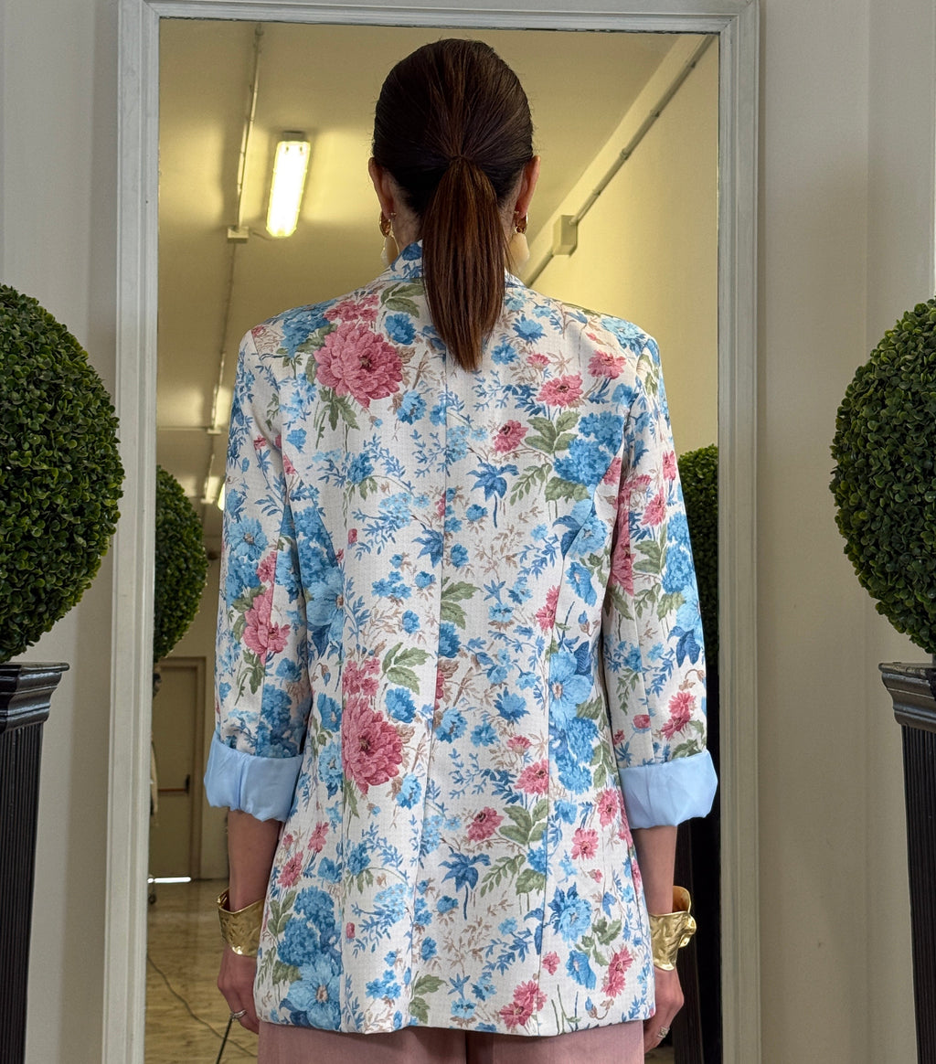 Blazer Floreale Senza Bottoni con Tasche Applicate