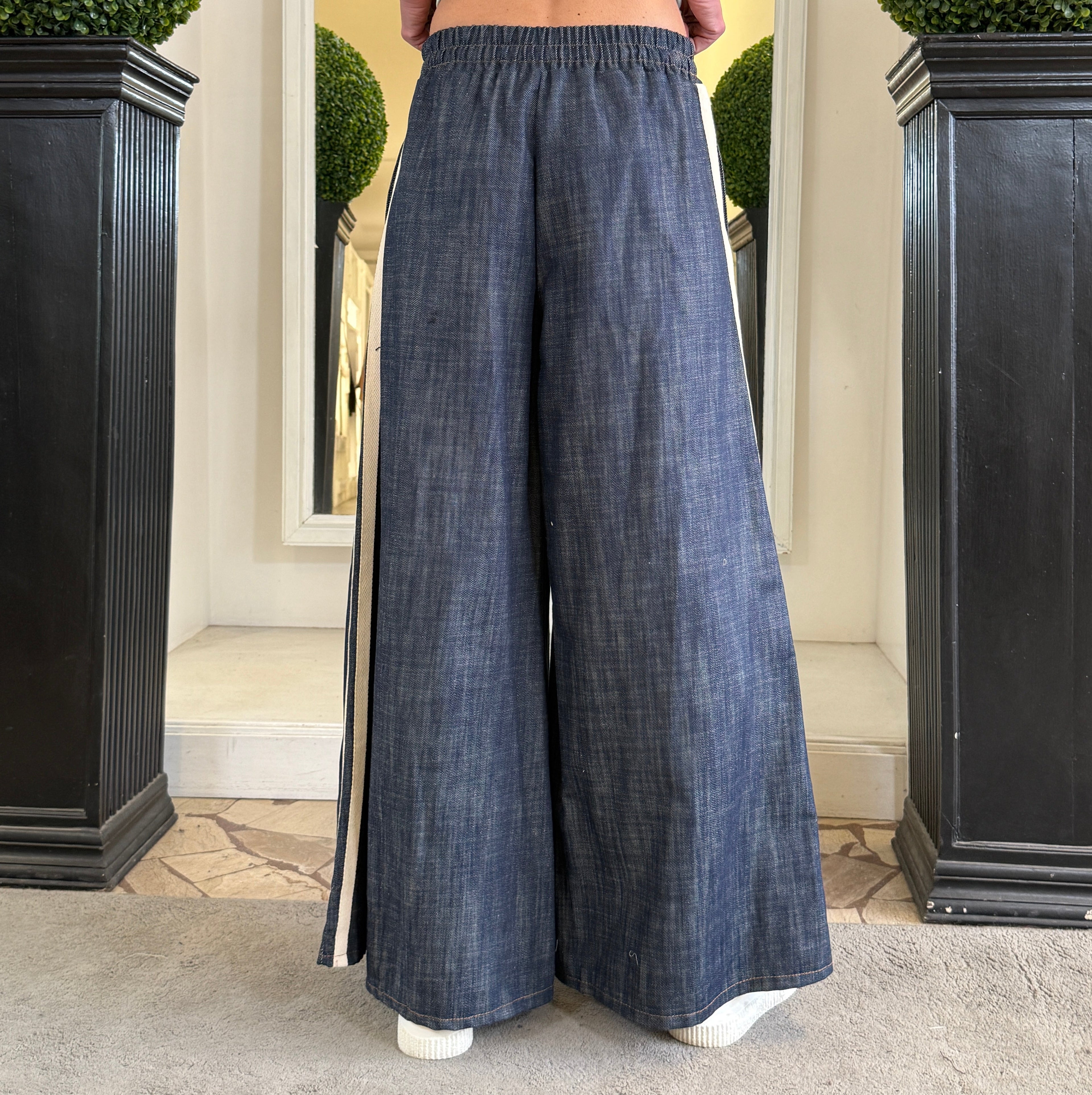 Pantapalazzo in Denim con Banda Laterale e Coulisse