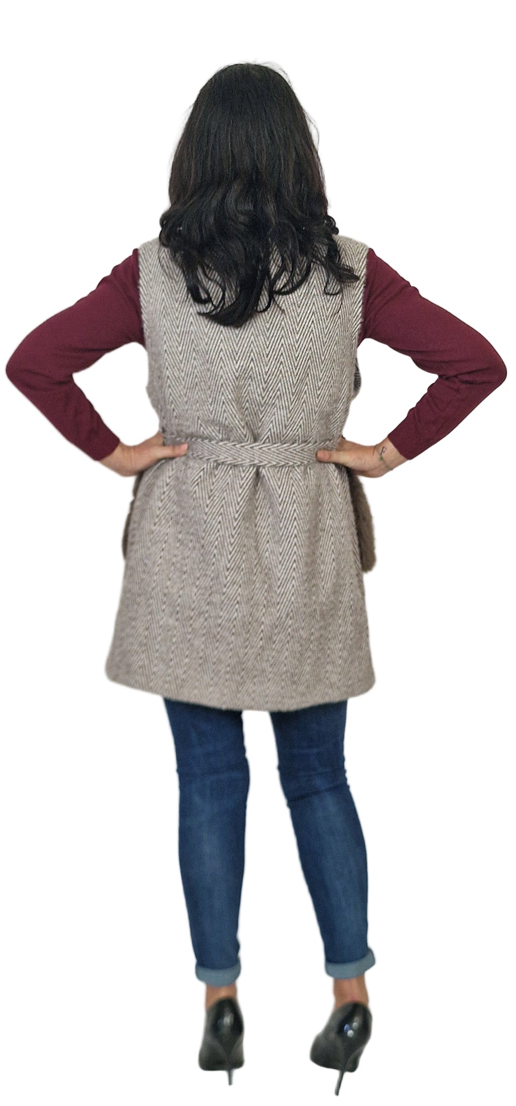 Gilet tweed con tasconi pelliccia