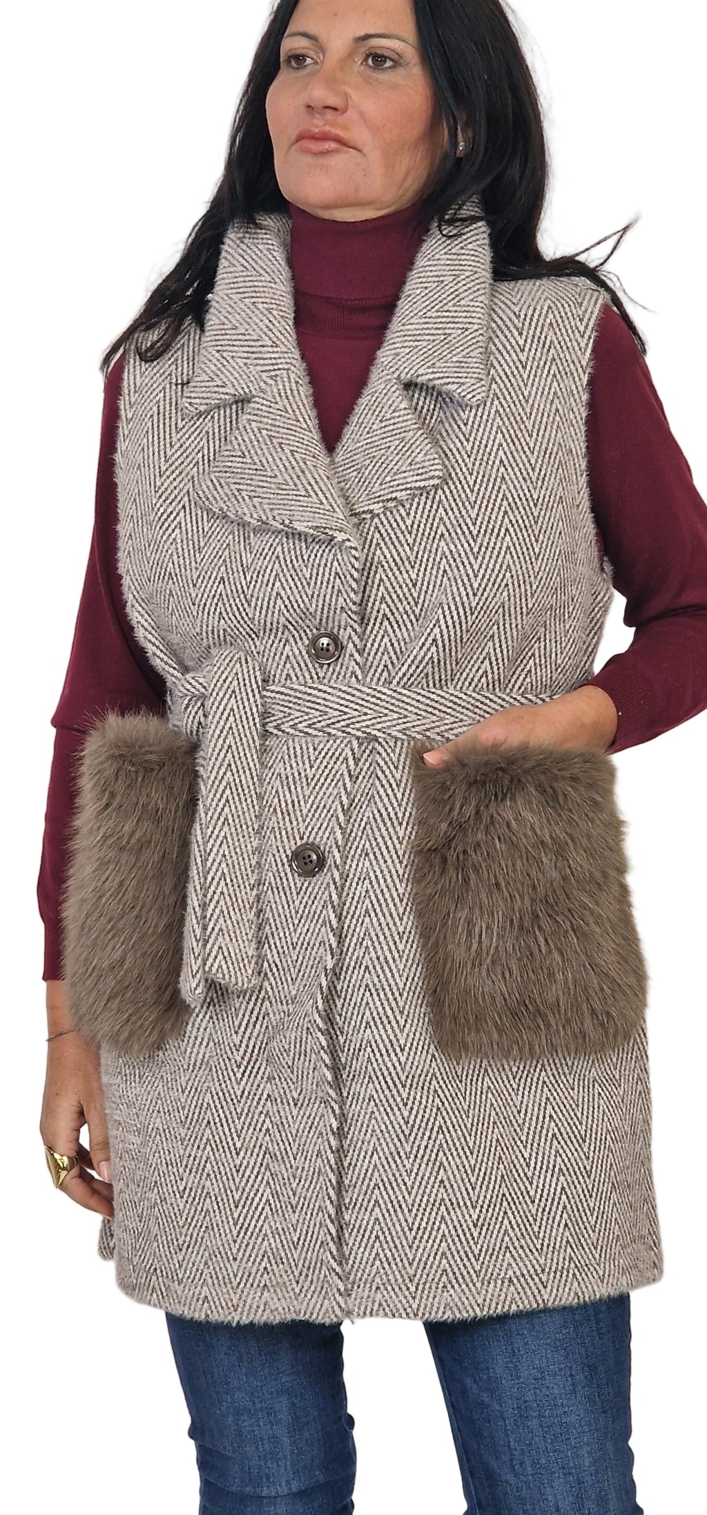 Gilet tweed con tasconi pelliccia