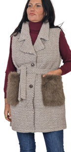 Gilet tweed con tasconi pelliccia