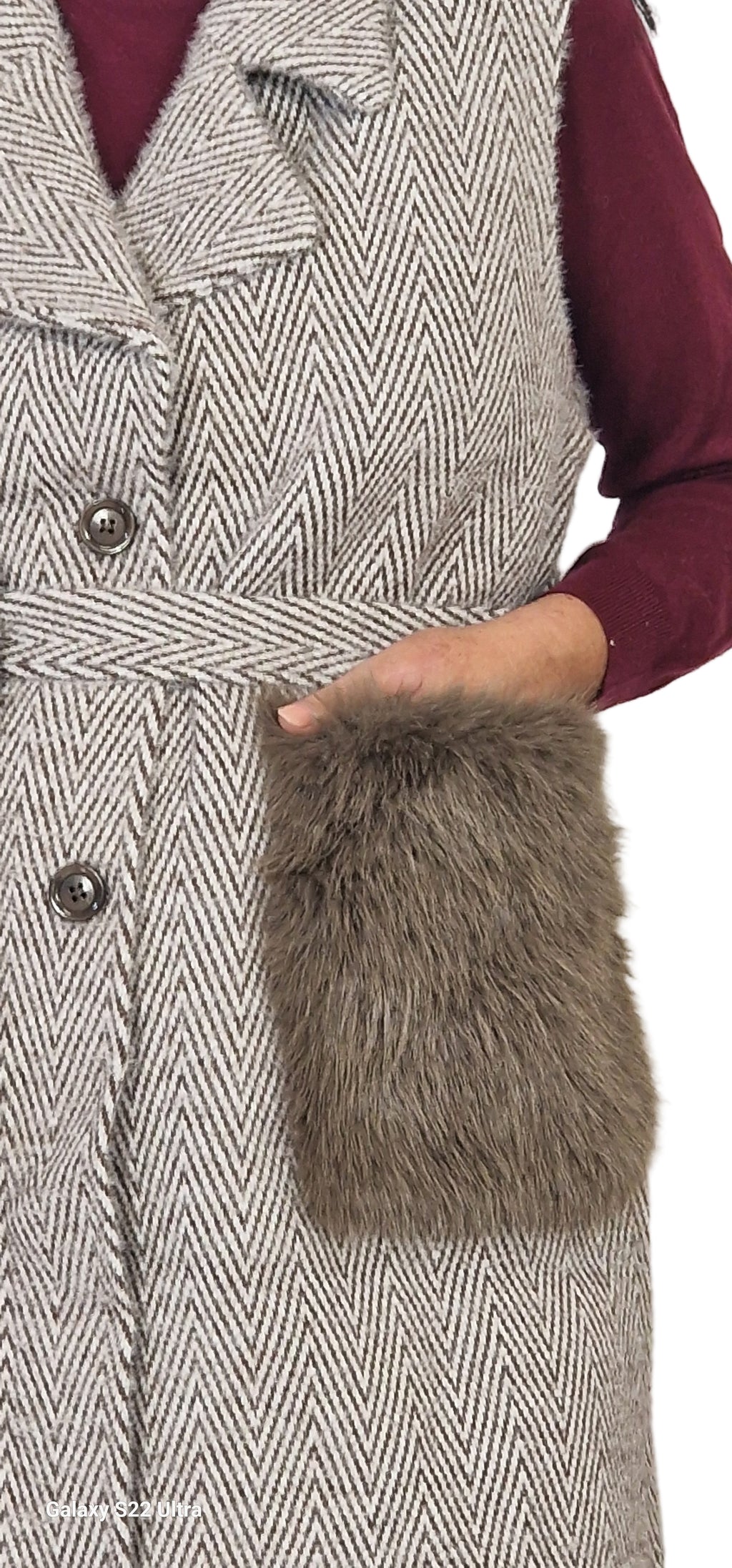 Gilet tweed con tasconi pelliccia