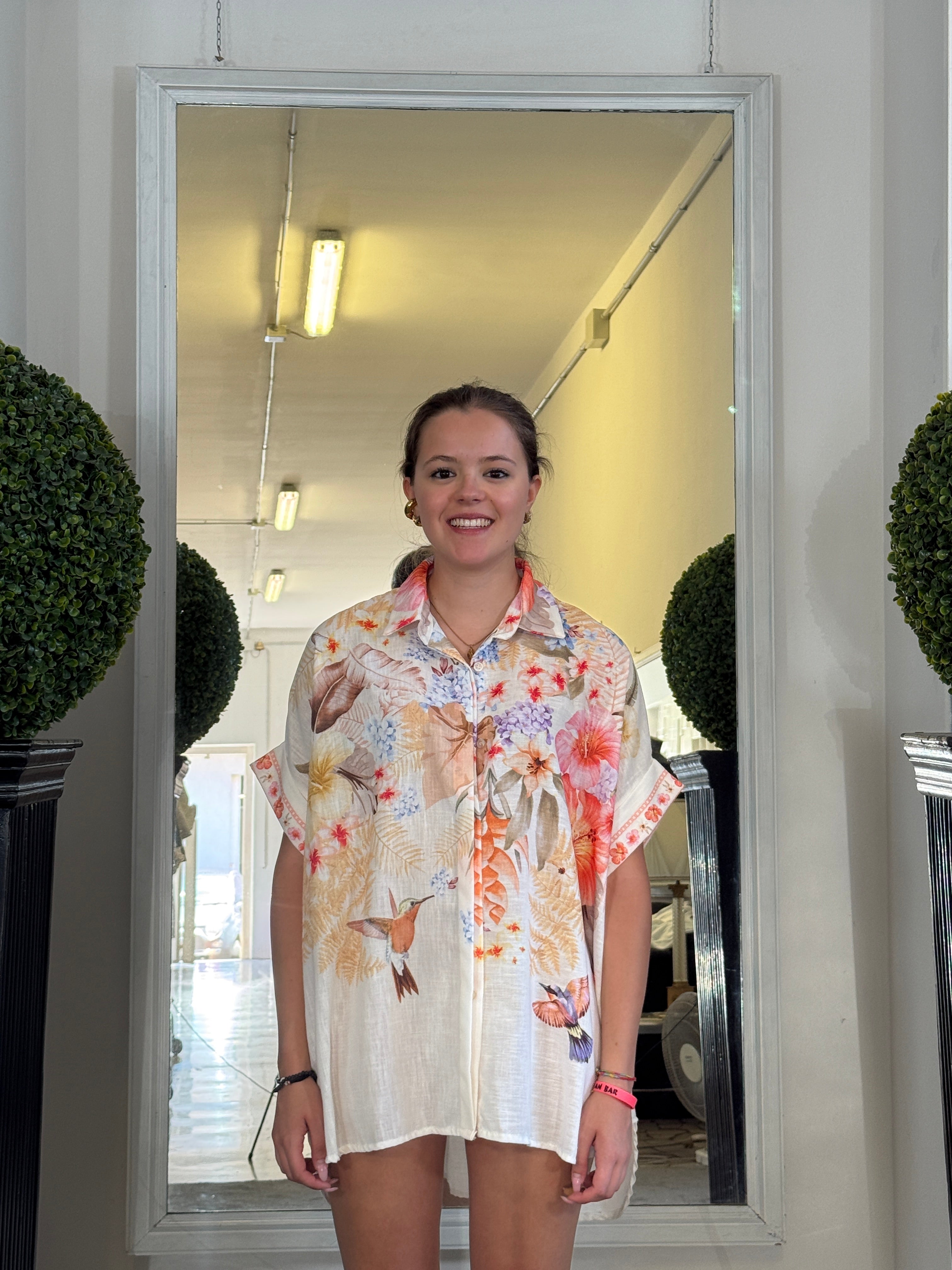 Camicia Oversize Stile Capri in Misto Lino con Stampa Fantasia