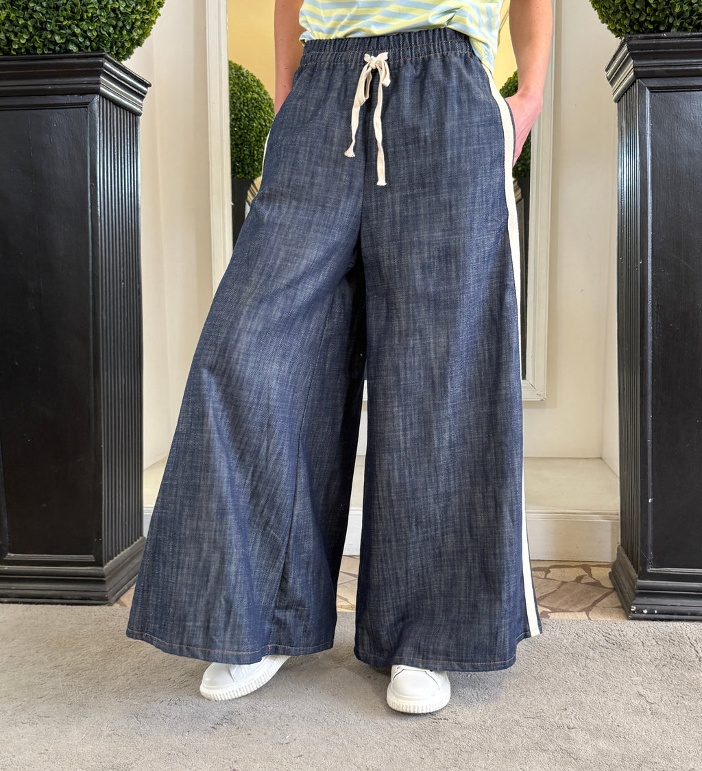 Pantapalazzo in Denim con Banda Laterale e Coulisse