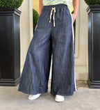 Pantapalazzo in Denim con Banda Laterale e Coulisse