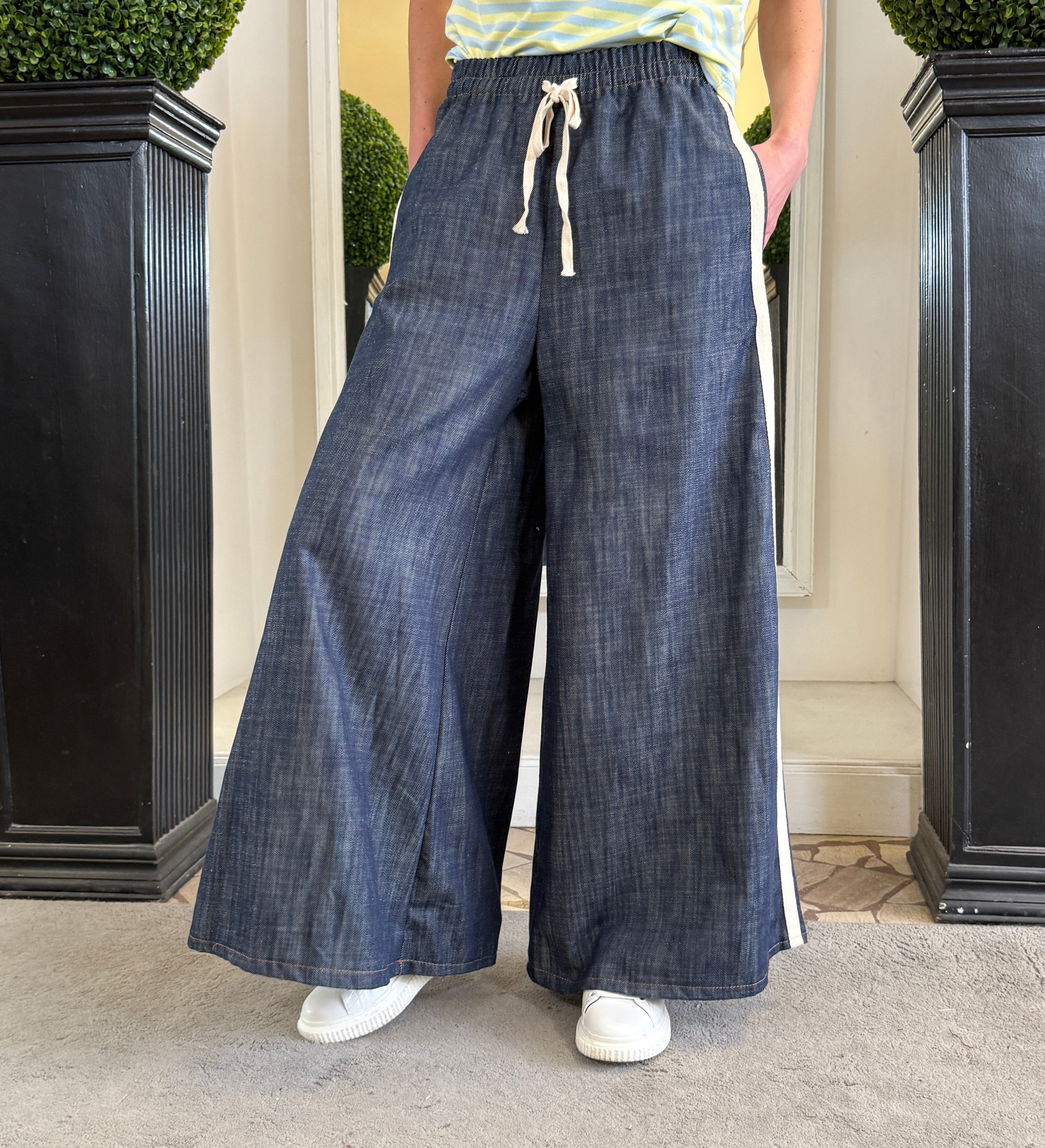 Pantapalazzo in Denim con Banda Laterale e Coulisse