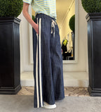 Pantapalazzo in Denim con Banda Laterale e Coulisse