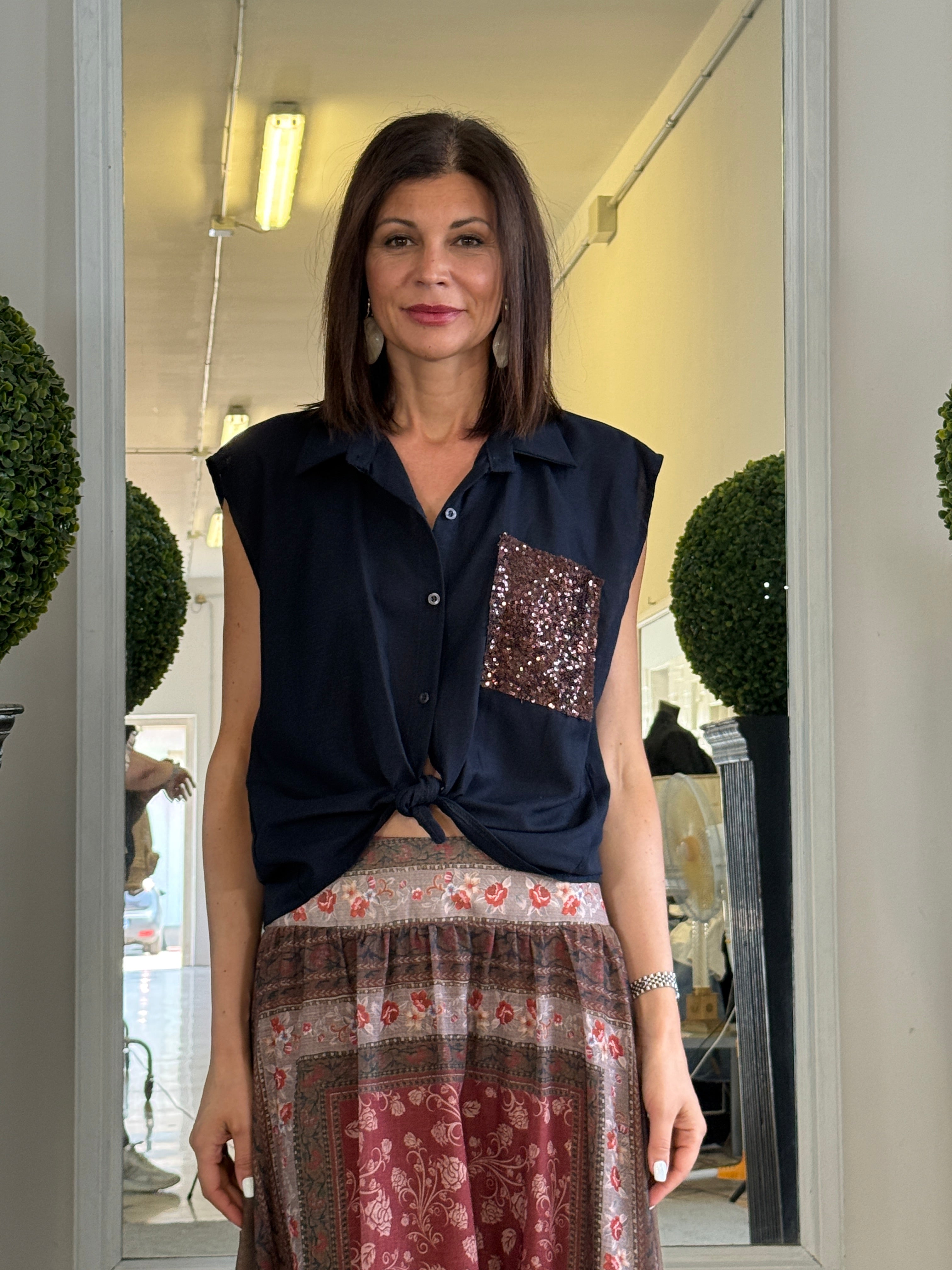Camicia Senza Maniche con Pailettes Misto Lino