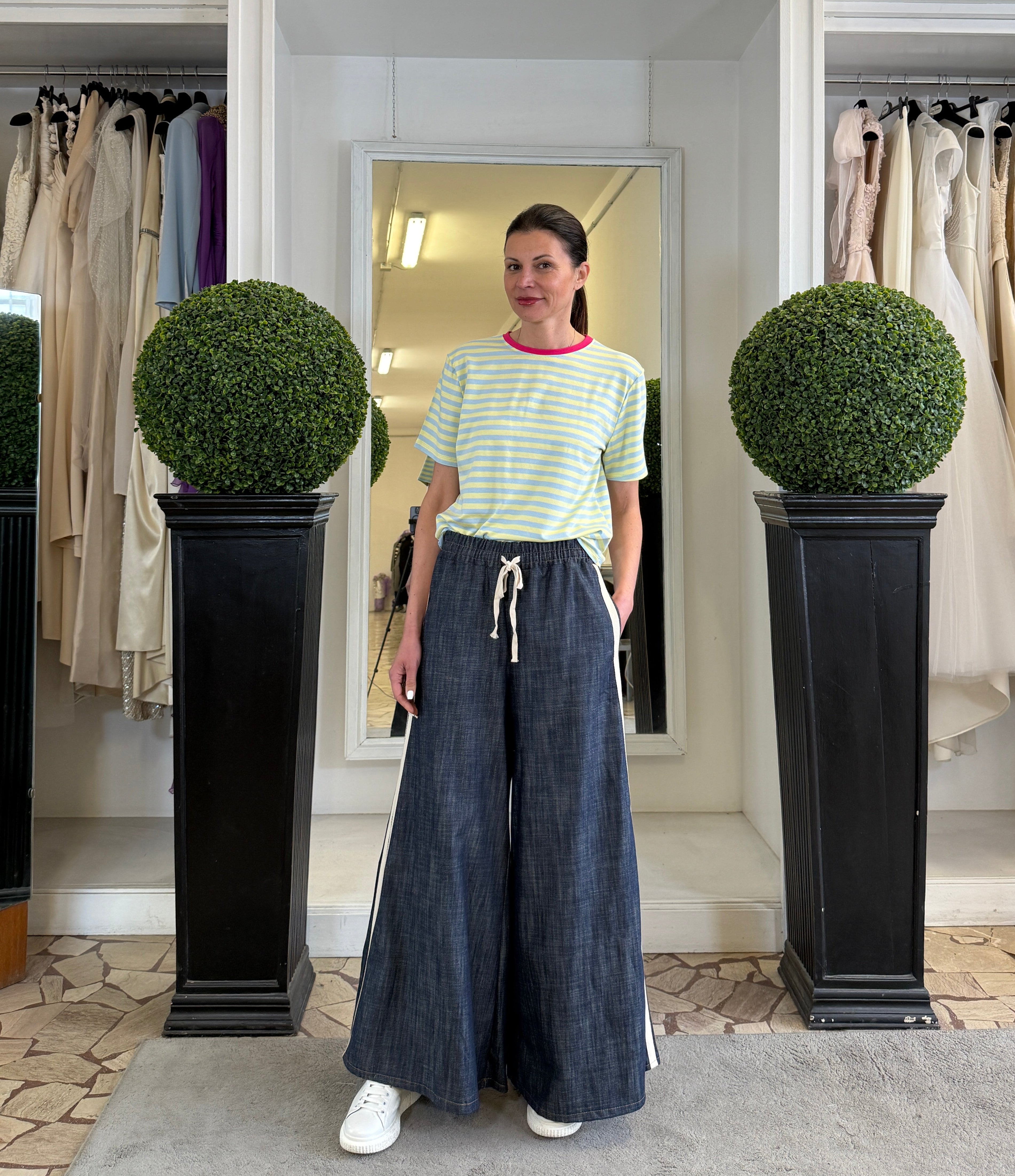 Pantapalazzo in Denim con Banda Laterale e Coulisse