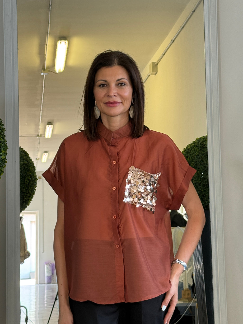 Camicia Maniche Corte con Risvolto e Pailettes