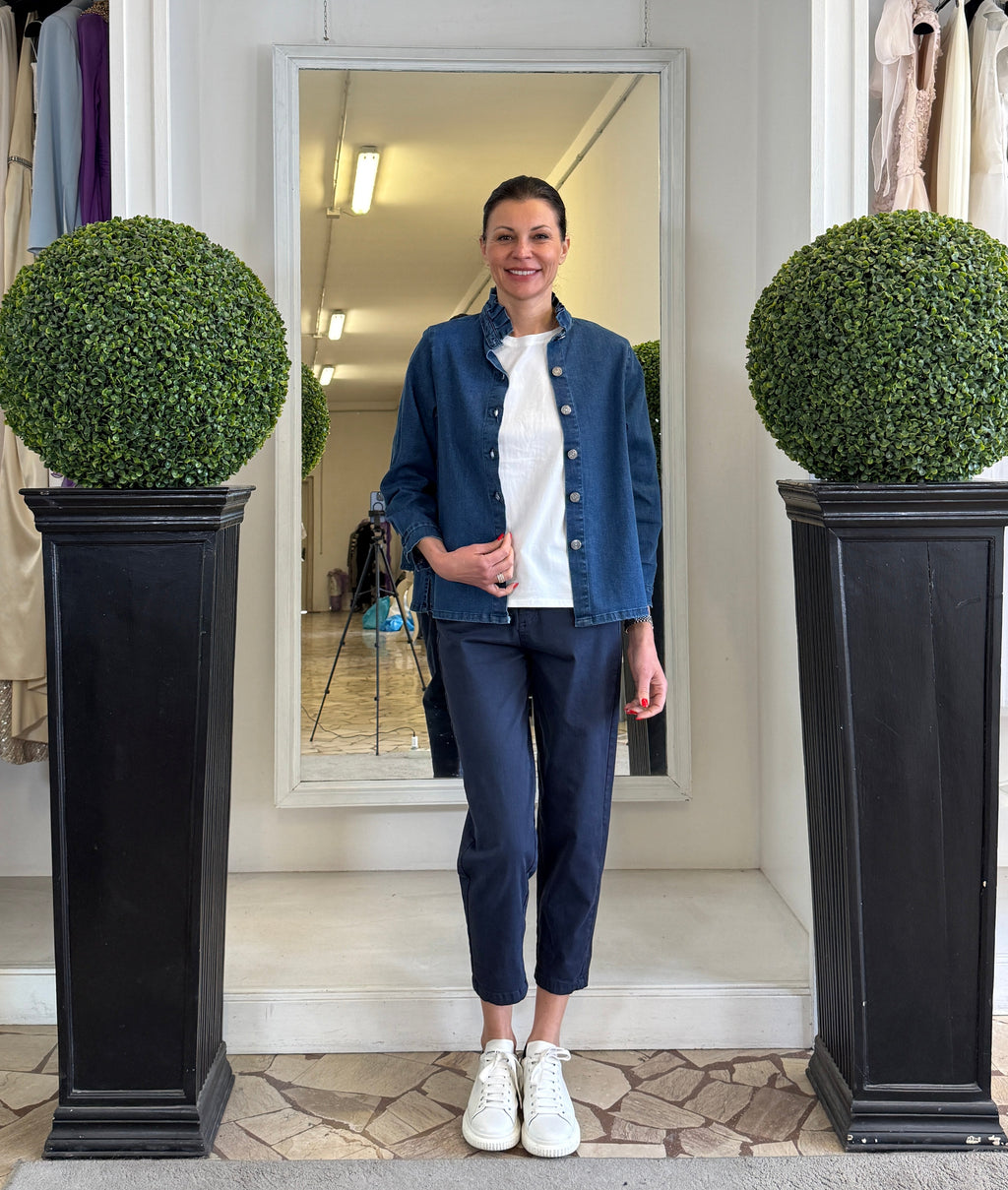 Camicia in Denim con Rouches al Collo