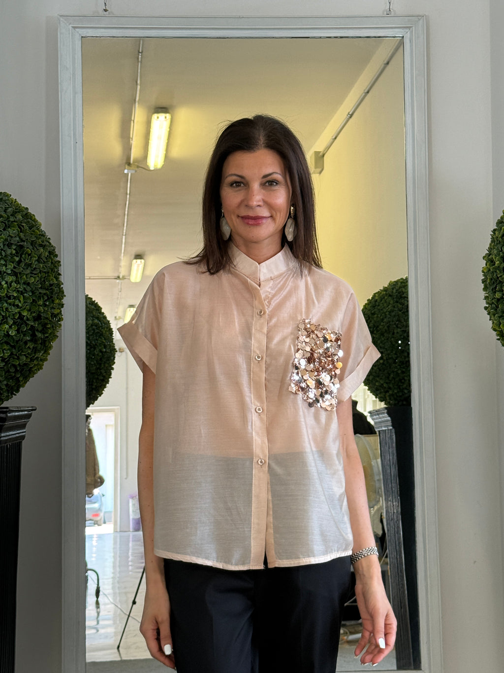 Camicia Maniche Corte con Risvolto e Pailettes