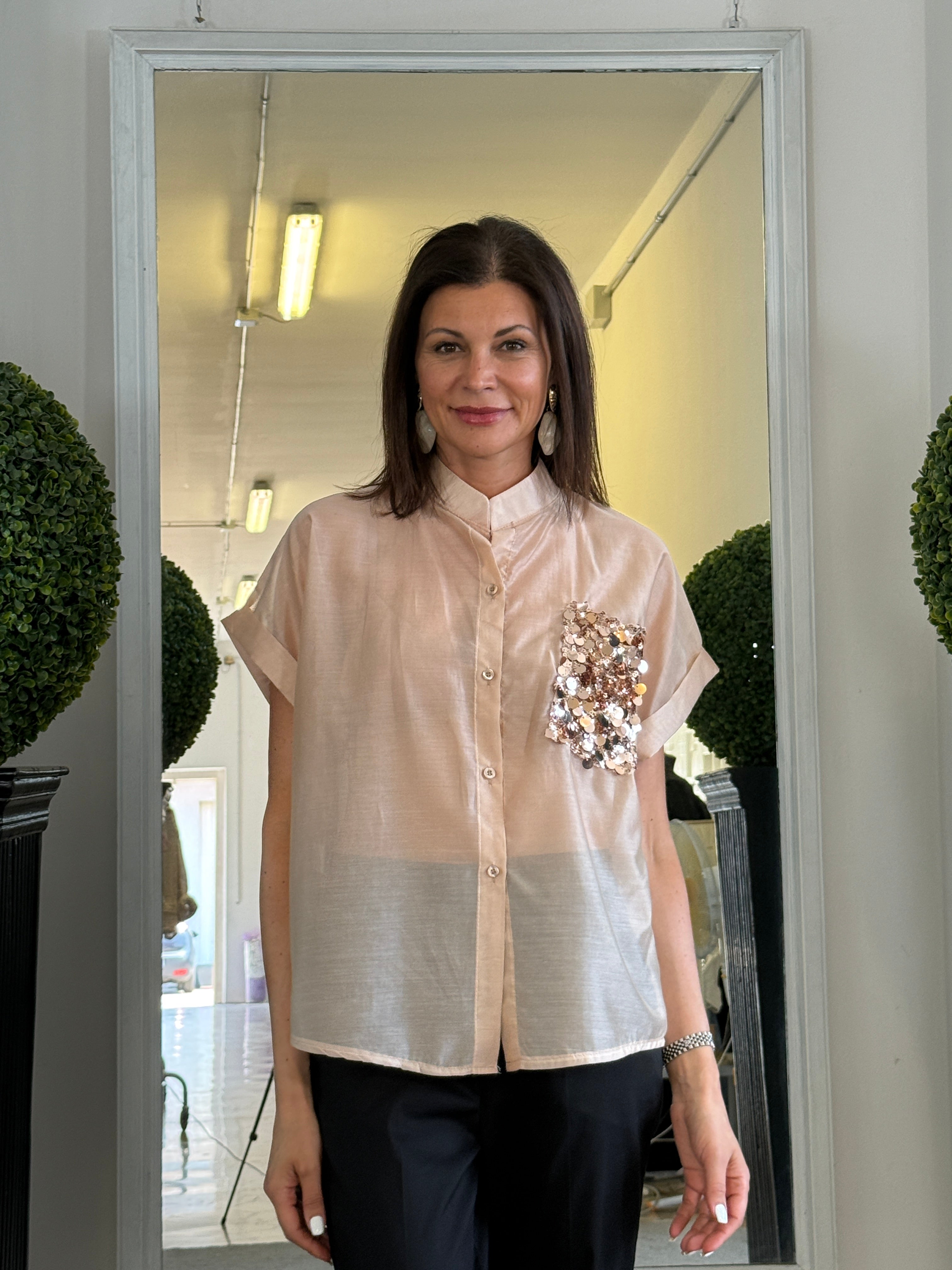 Camicia Maniche Corte con Risvolto e Pailettes