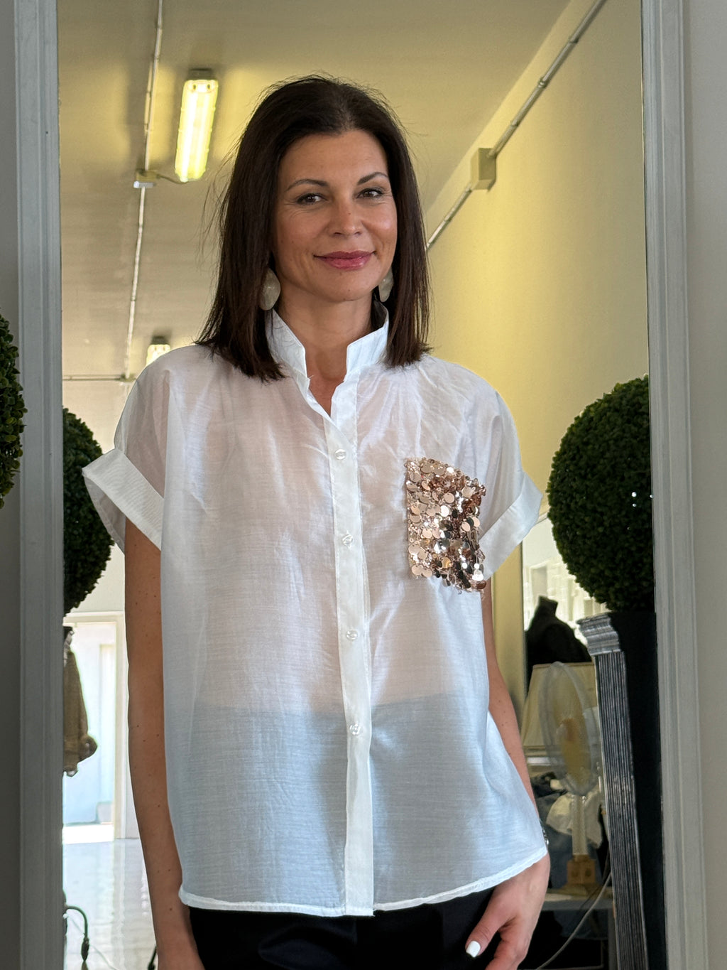 Camicia Maniche Corte con Risvolto e Pailettes