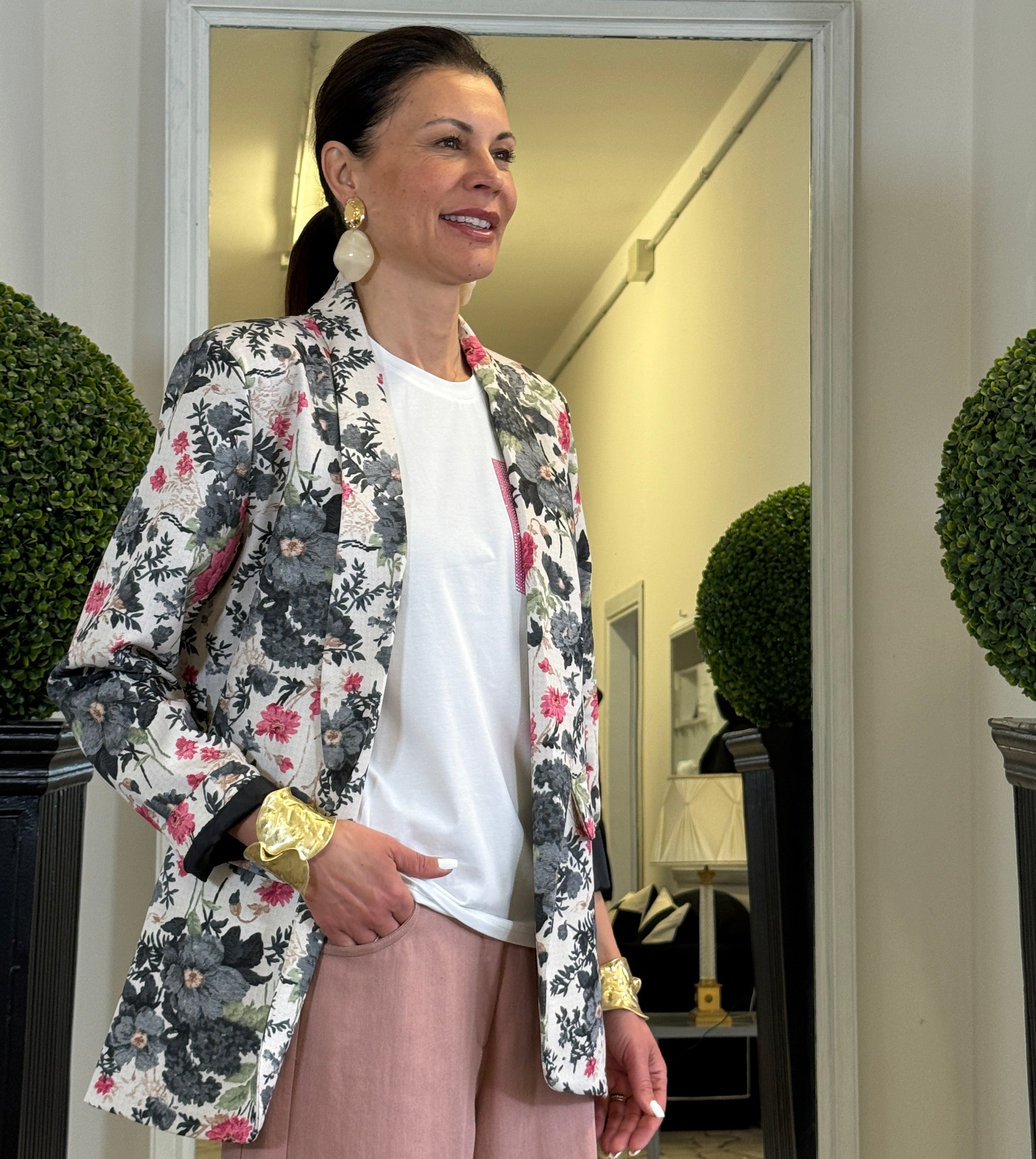 Blazer Floreale Senza Bottoni con Tasche Applicate