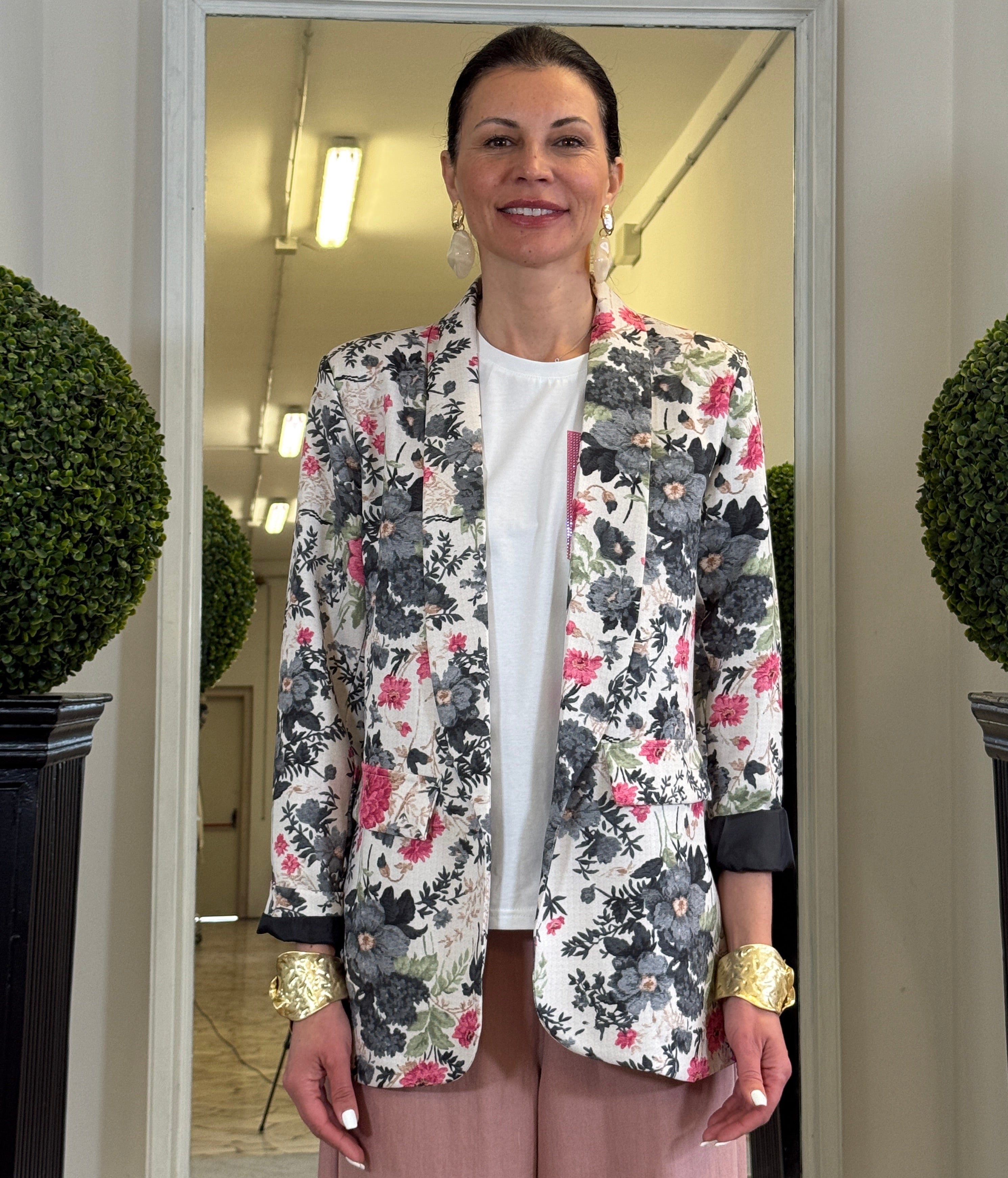 Blazer Floreale Senza Bottoni con Tasche Applicate