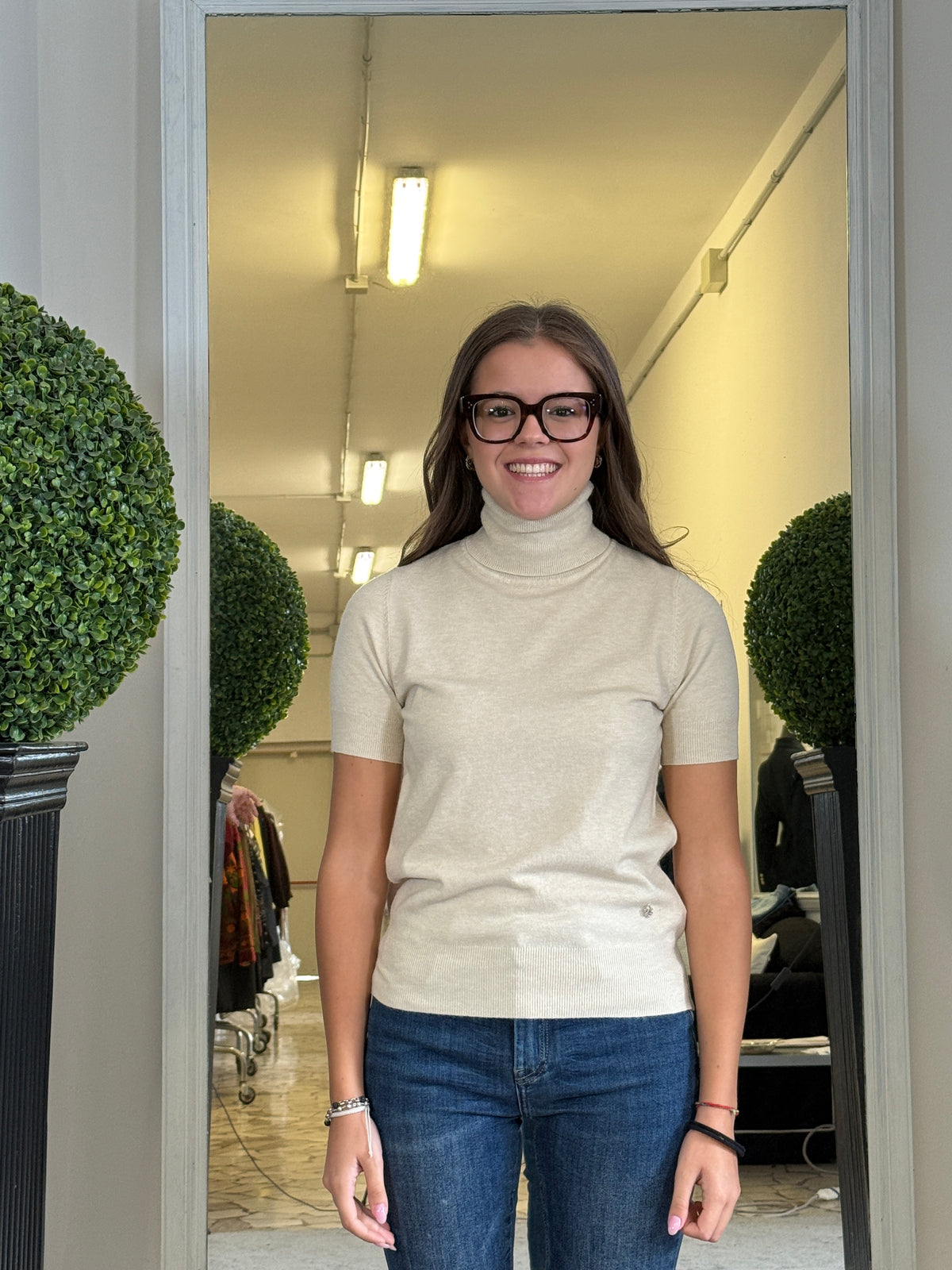 FreshFlower Dolcevita a Manica Corta in Maglia Fine