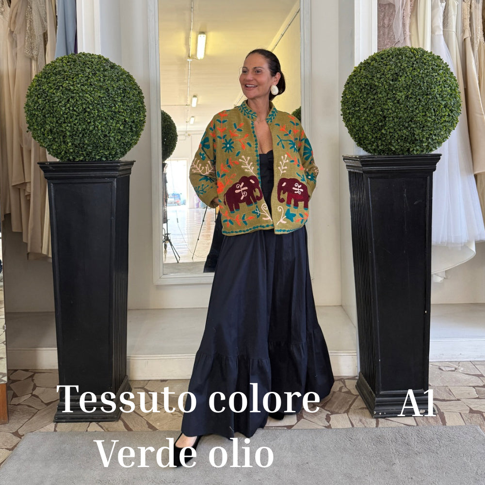 Suzani Indiano Estivo Verde Olio con Ricami
