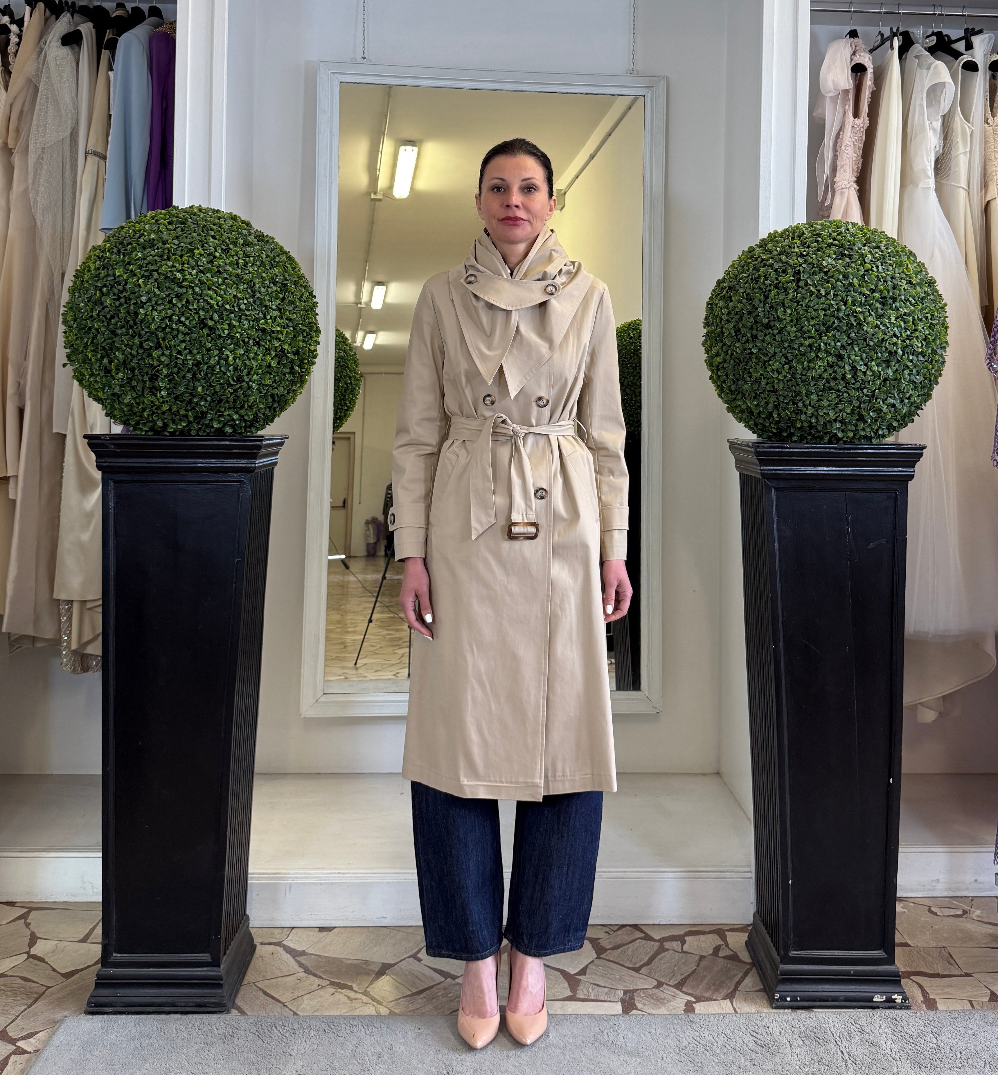 Tensione In Trench Lungo con Sciarpa/Cappuccio Staccabile