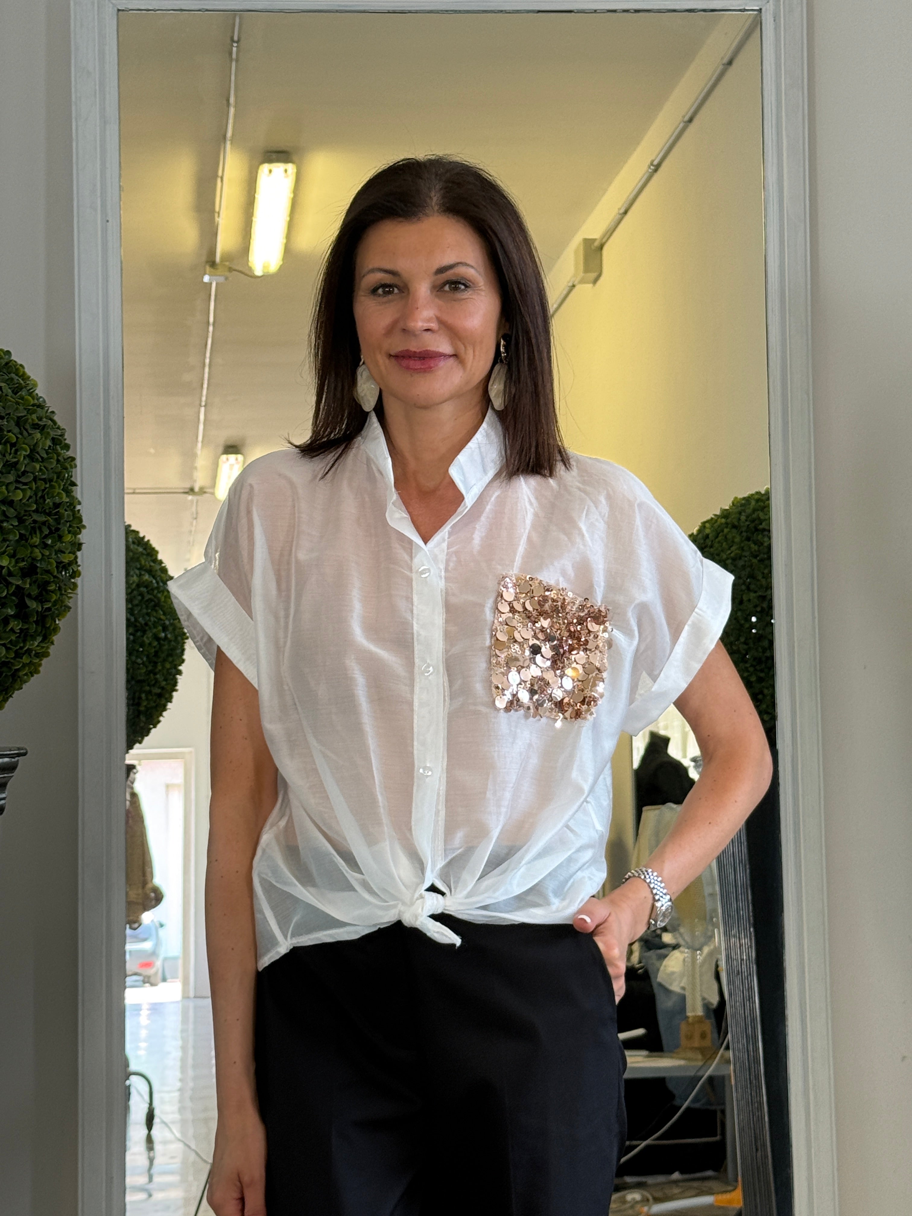 Camicia Maniche Corte con Risvolto e Pailettes