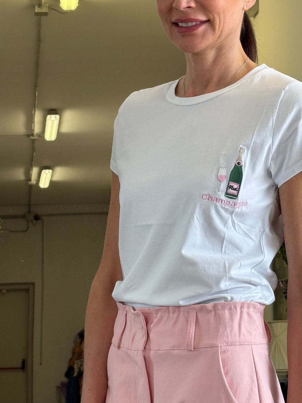 T-shirt in Cotone con Ricamo Champagne