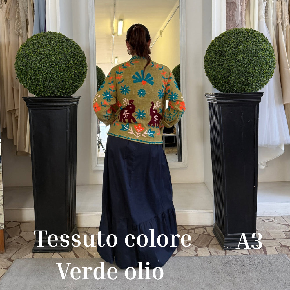 Suzani Indiano Estivo Verde Olio con Ricami