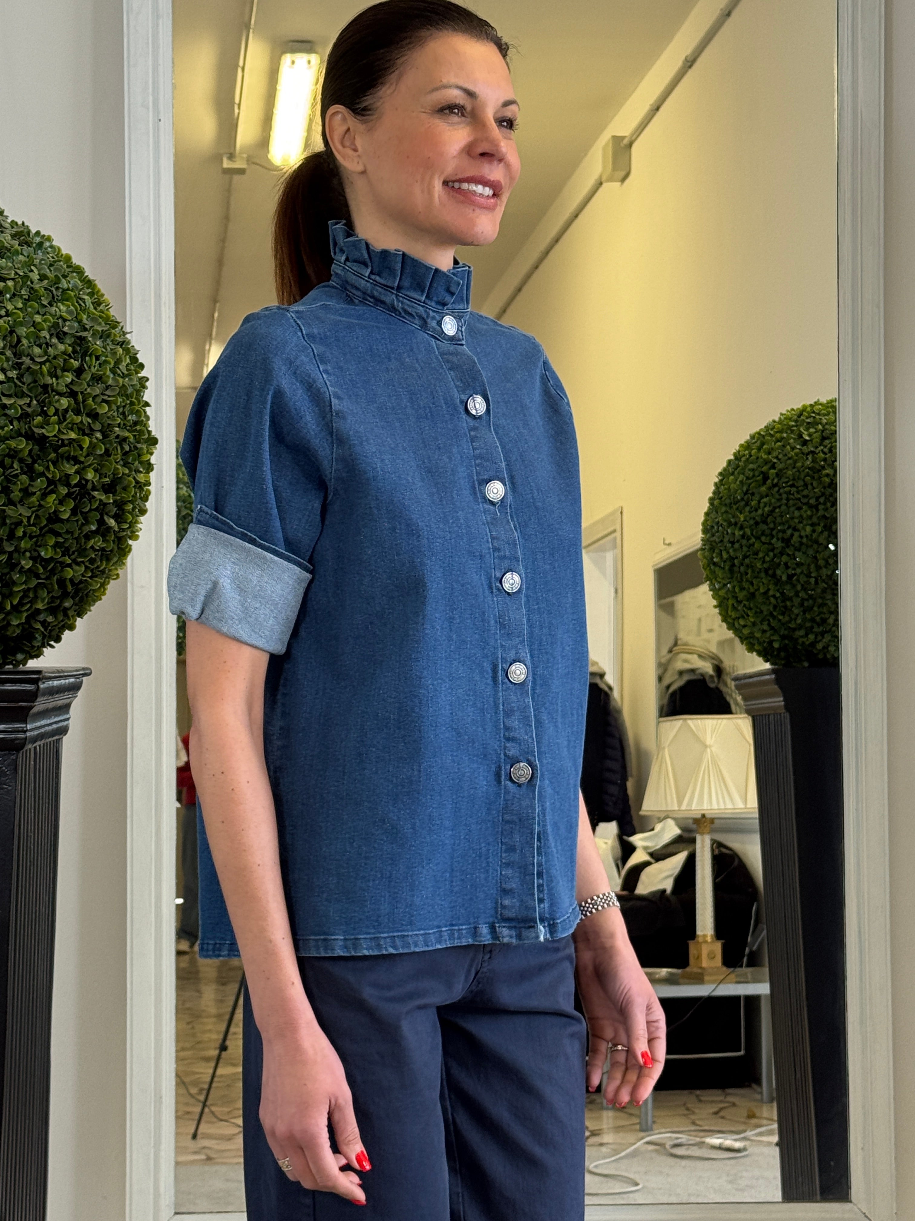 Camicia in Denim con Rouches al Collo