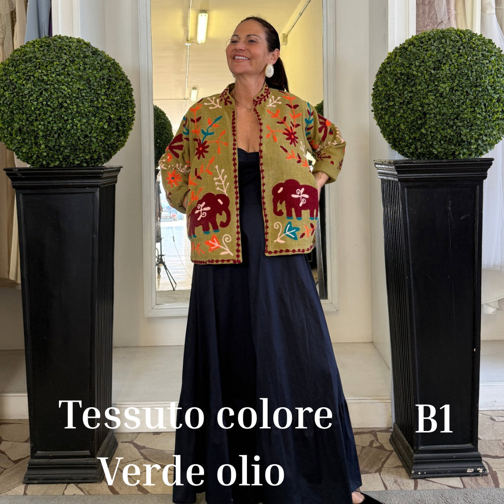 Suzani Indiano Estivo Verde Olio con Ricami