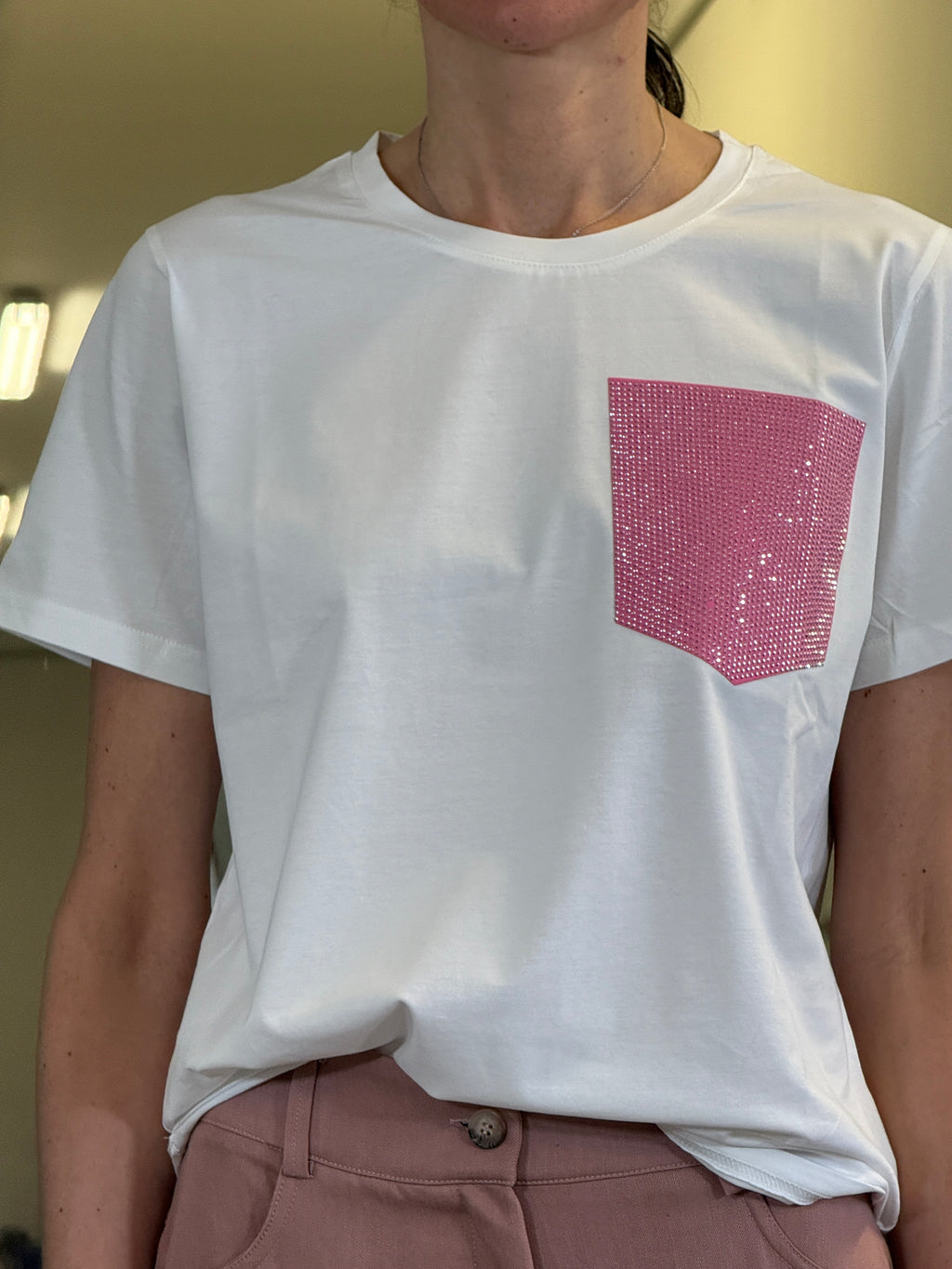 T-shirt con Tasca Rosa Strass in Cotone