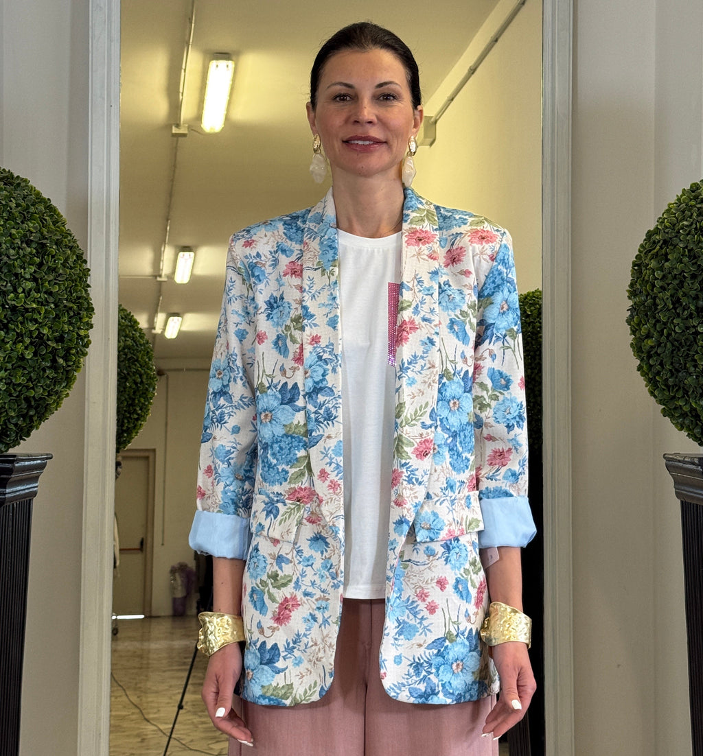 Blazer Floreale Senza Bottoni con Tasche Applicate