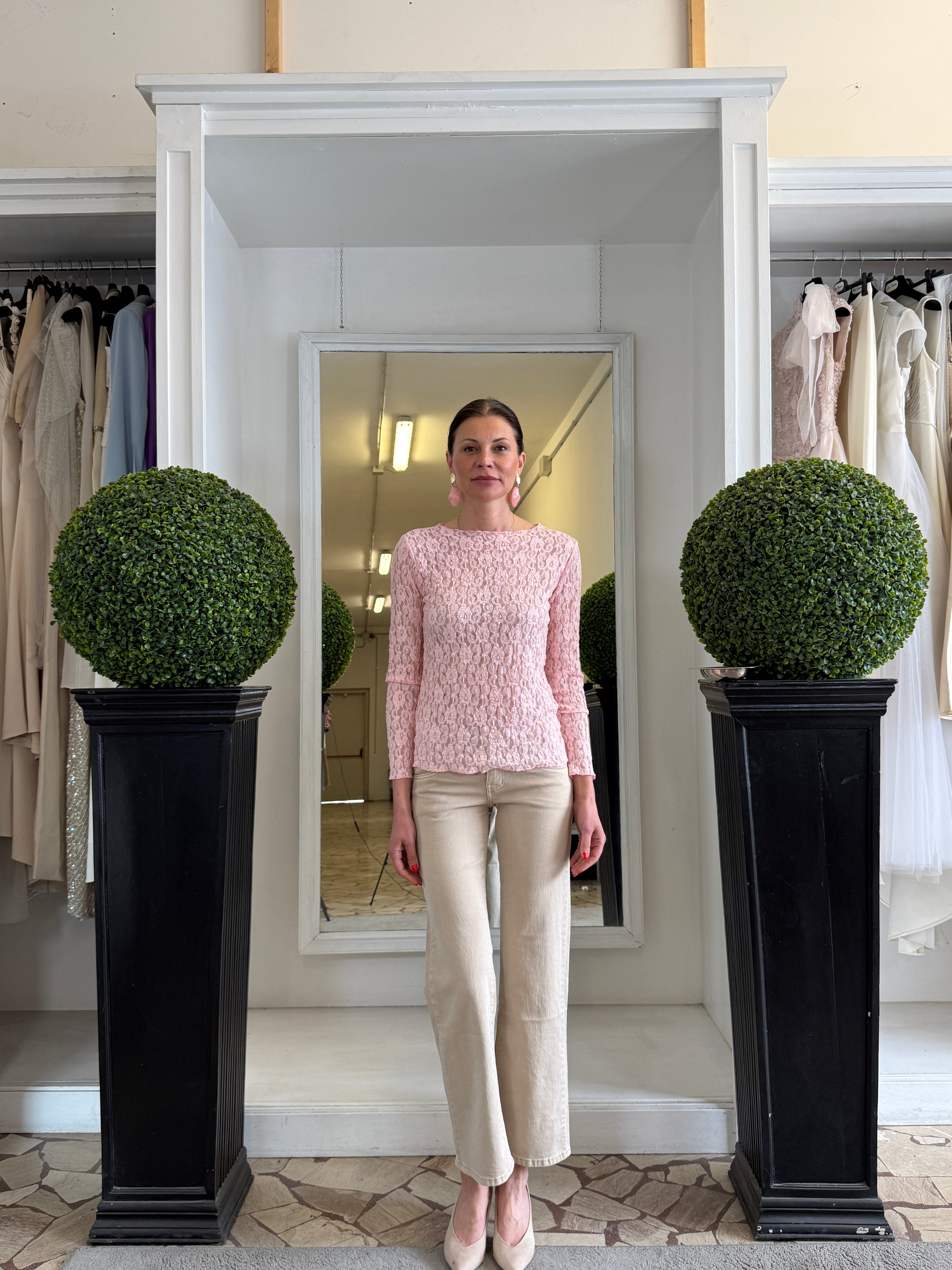 Maglia in Pizzo Elasticizzata Manica Lunga