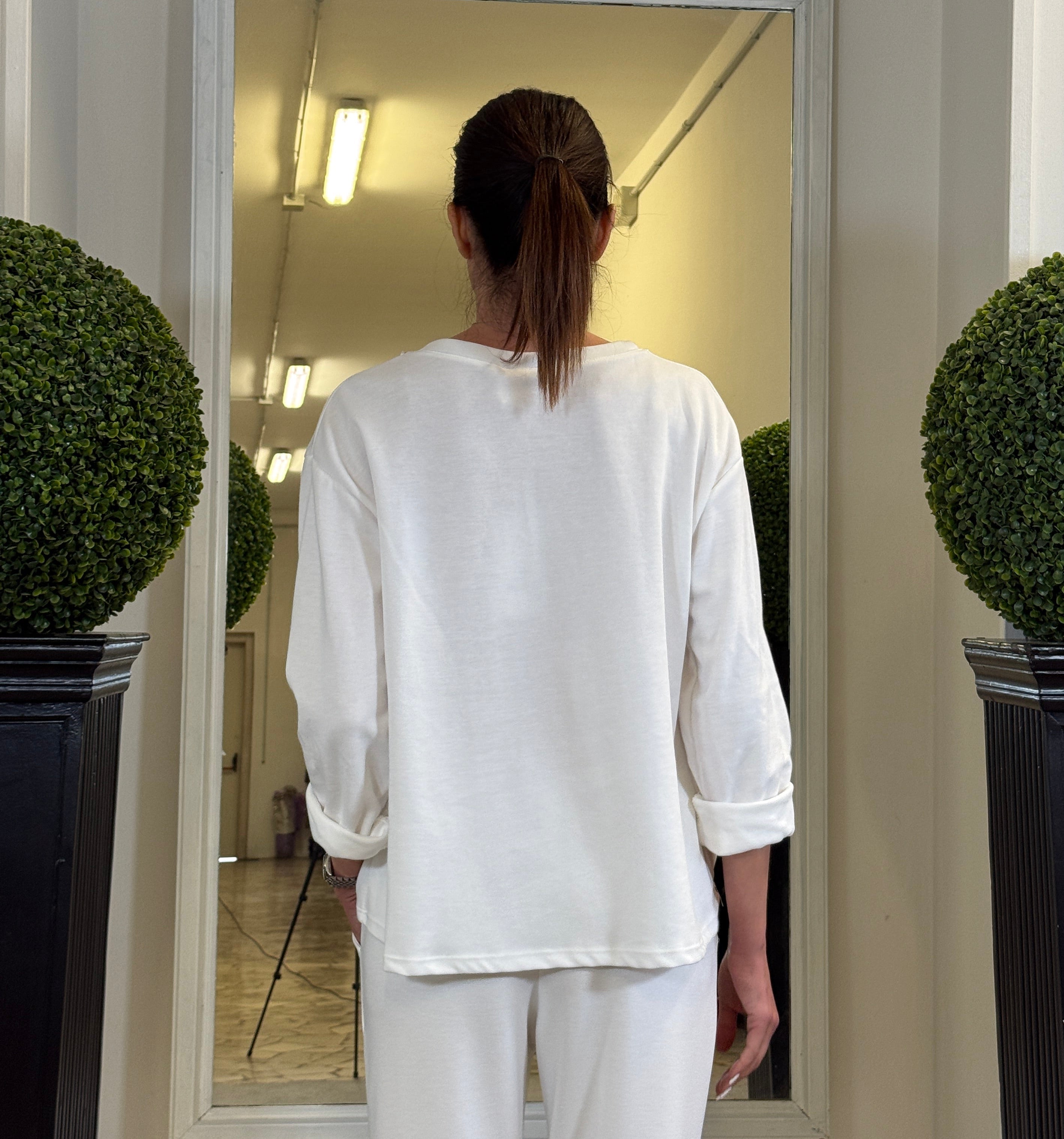 Felpa Leggera con Brillantini e Perle al Girocollo