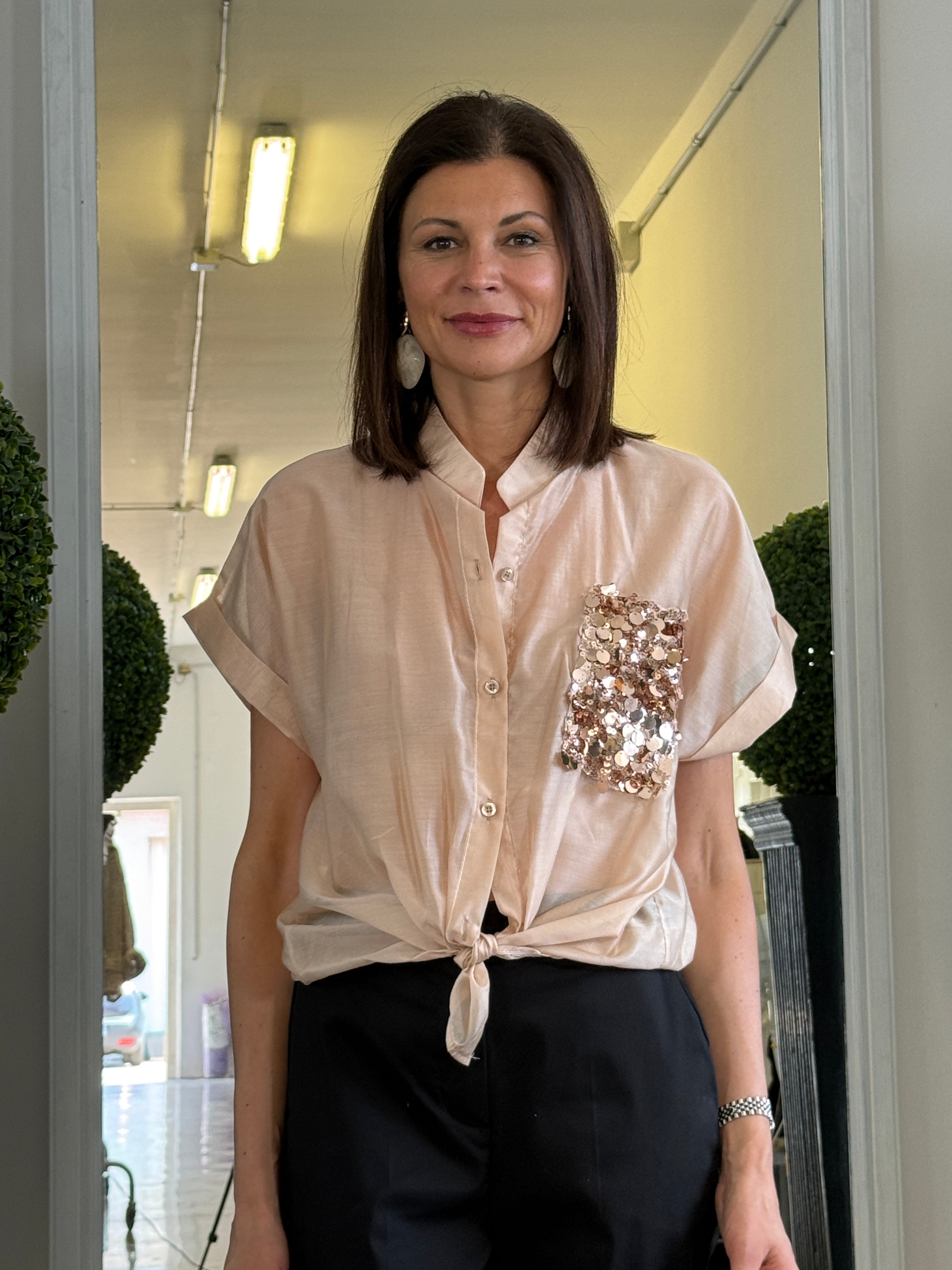 Camicia Maniche Corte con Risvolto e Pailettes
