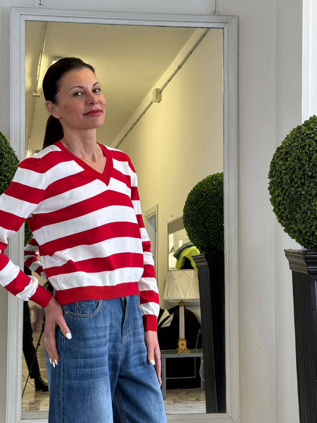 Tensione In Maglia Scollo a V Maniche Lunghe a Righe