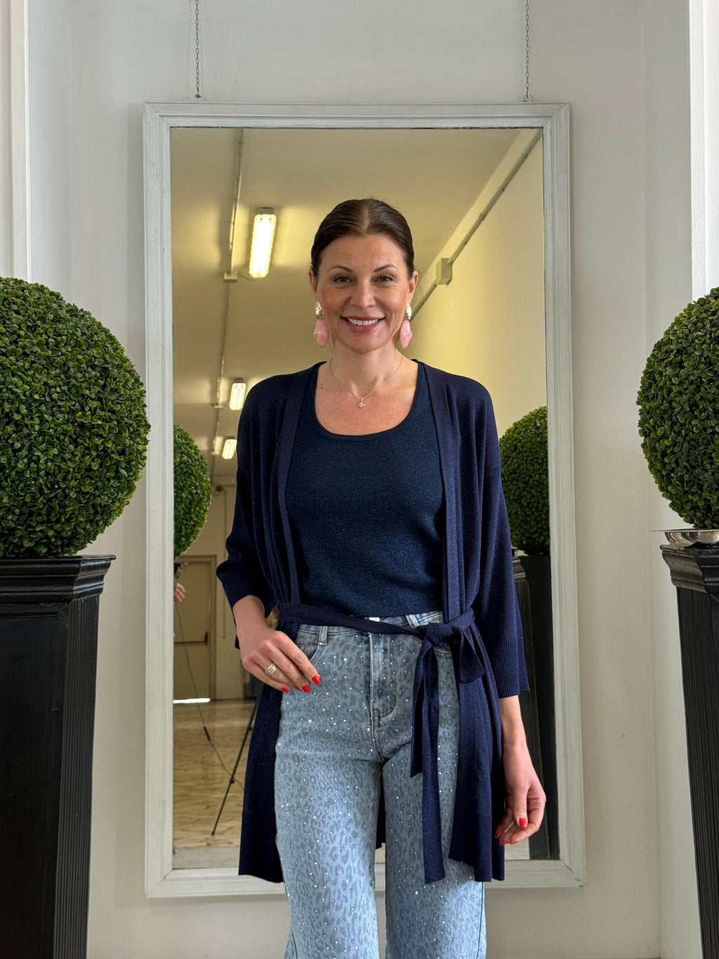 Cardigan in Lurex con Cintura e Maniche al Gomito