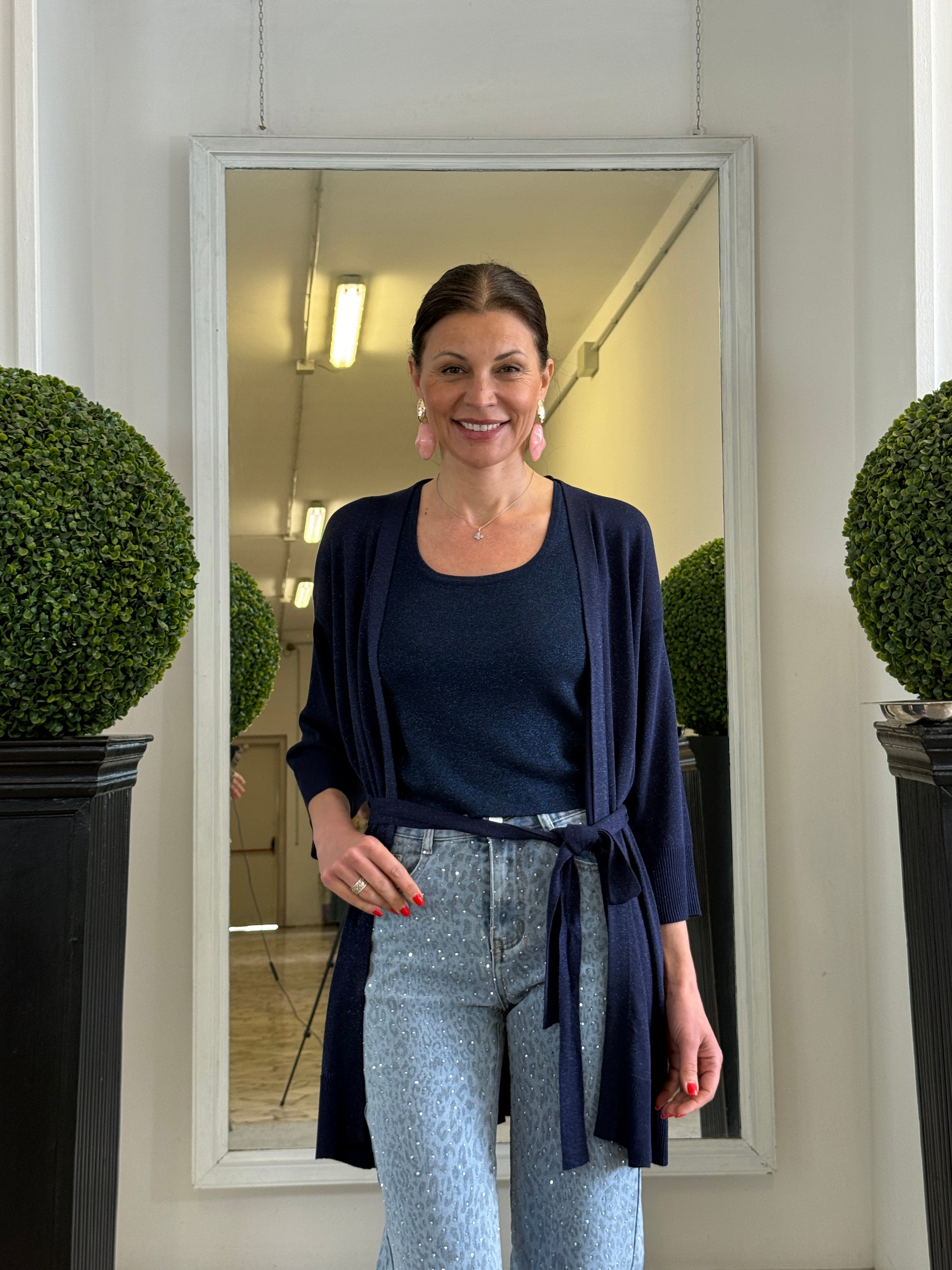 Cardigan in Lurex con Cintura e Maniche al Gomito