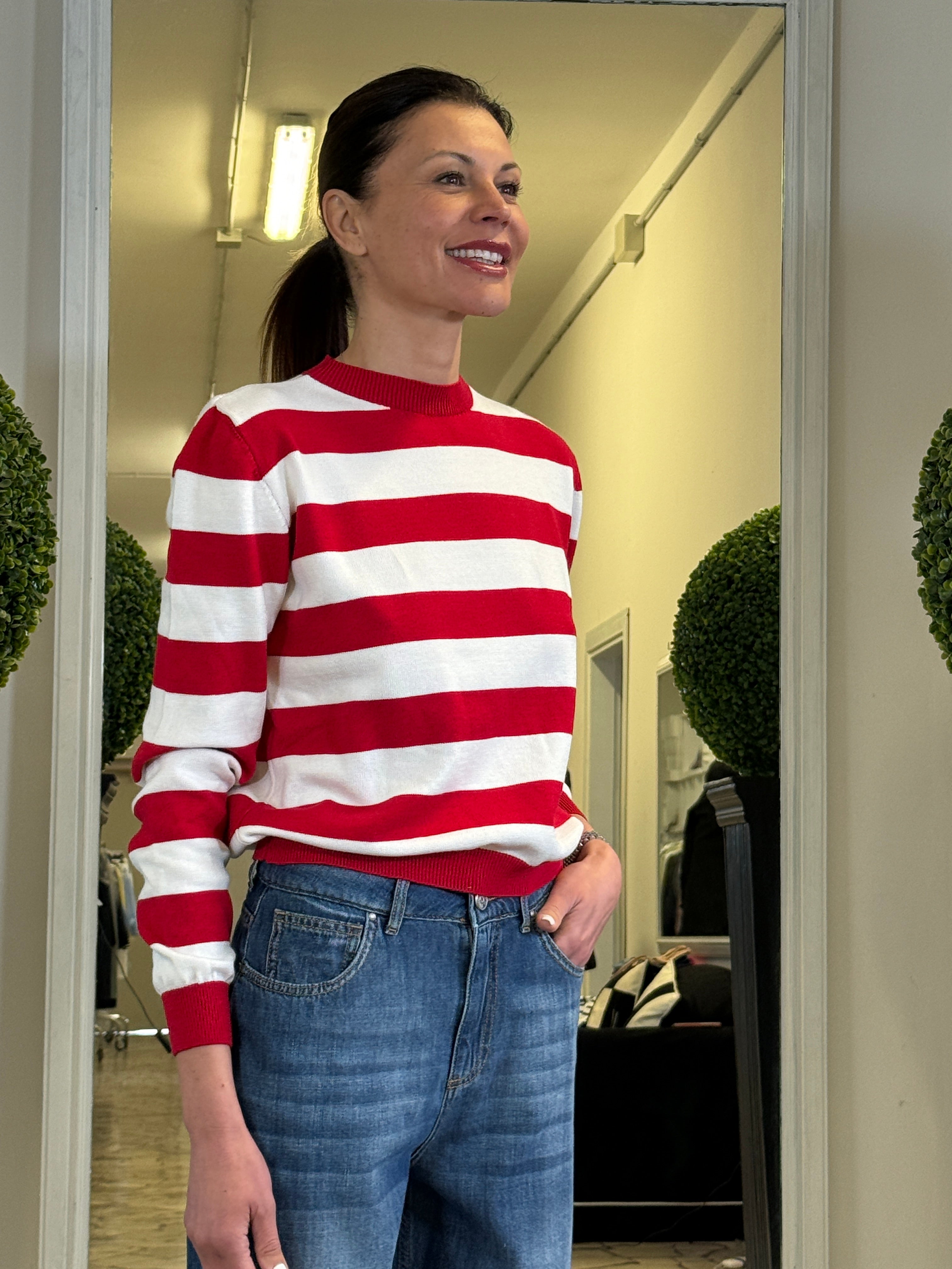 Tensione In Maglia Girocollo Maniche Lunghe a Righe