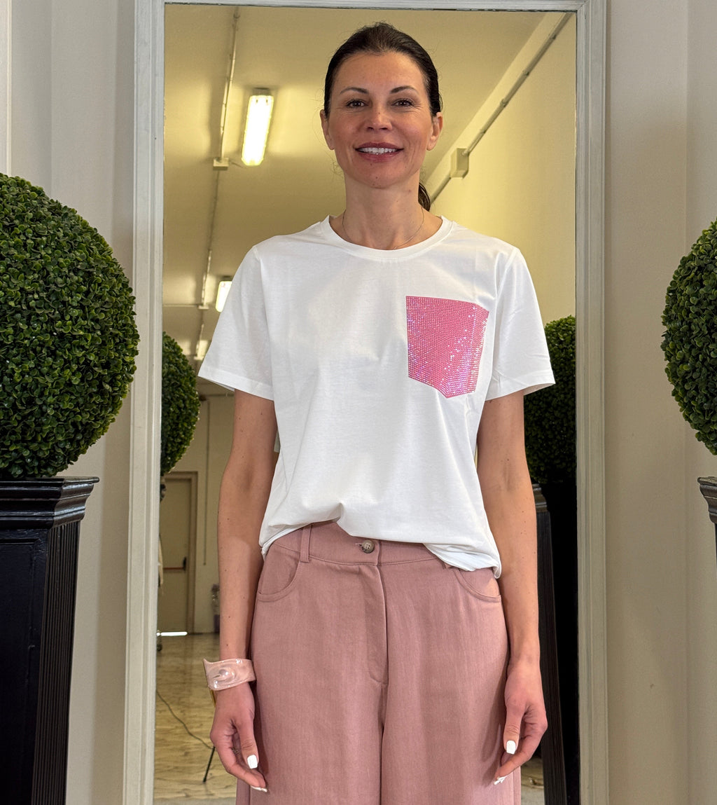 T-shirt con Tasca Rosa Strass in Cotone