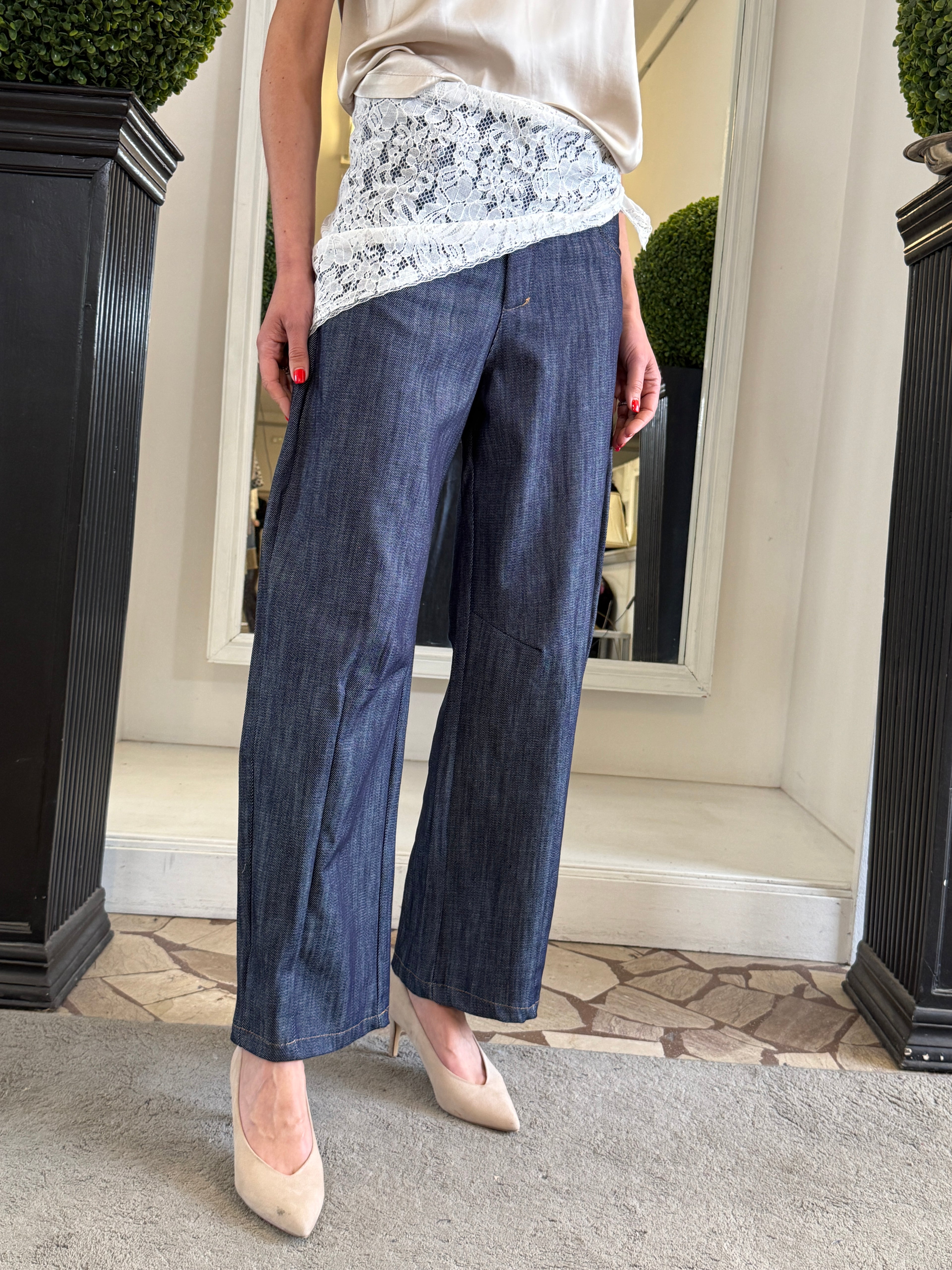 Jeans in Denim Leggero con Bandana in Pizzo