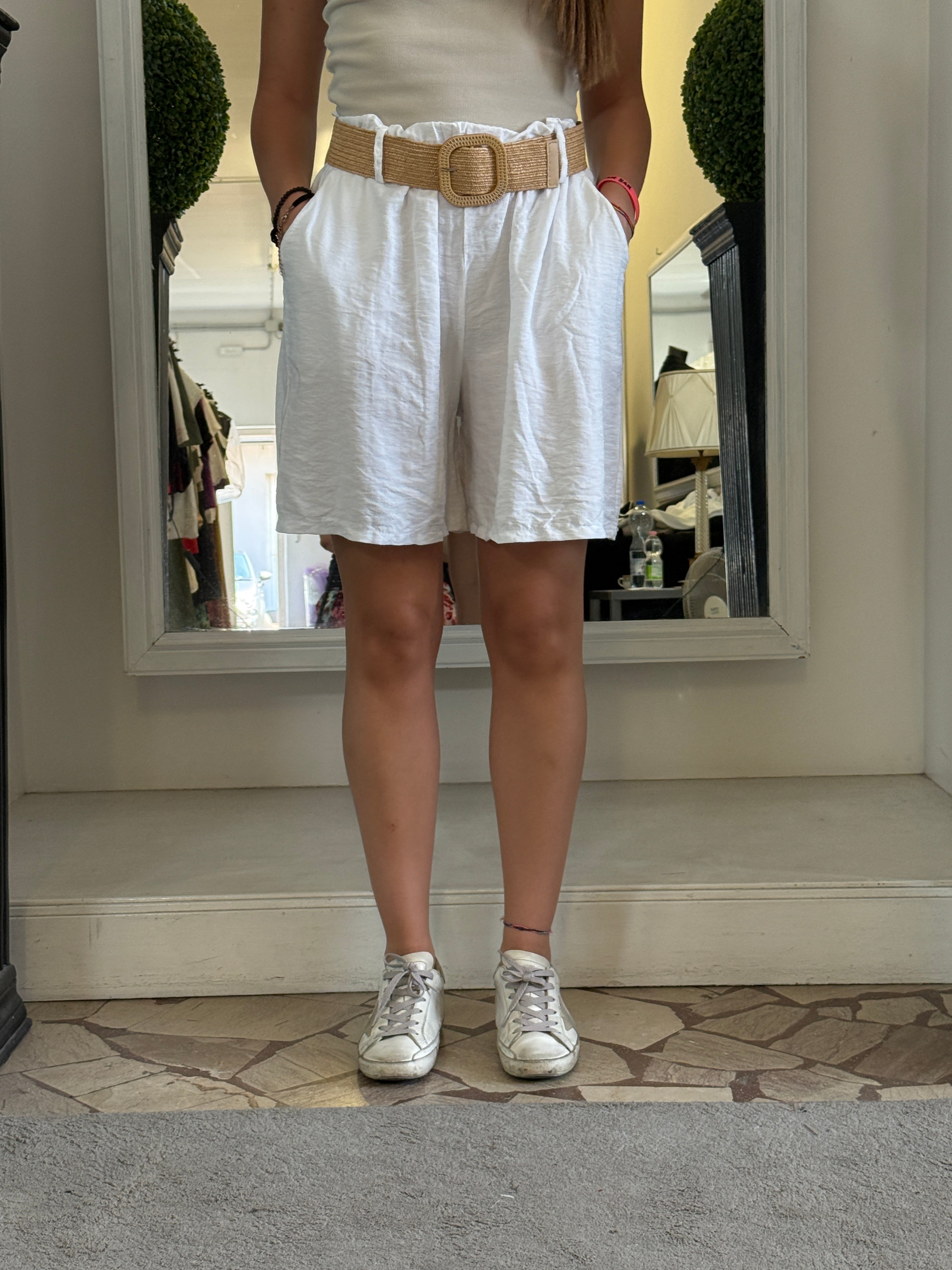 Bermuda con Elastico in Vita e Cintura in Raffia