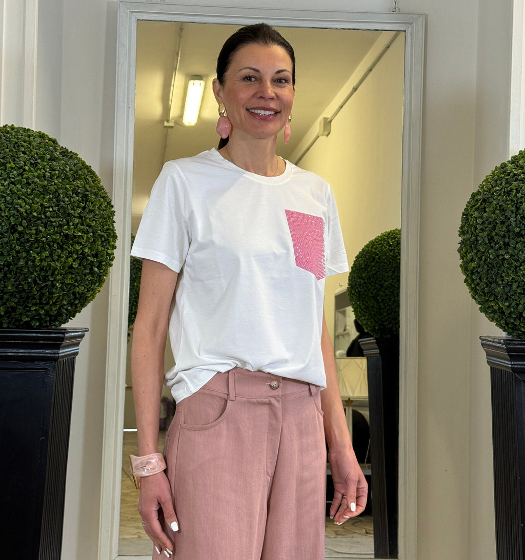 T-shirt con Tasca Rosa Strass in Cotone