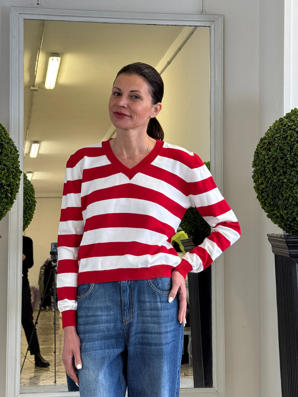 Tensione In Maglia Scollo a V Maniche Lunghe a Righe
