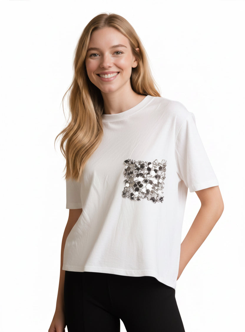 T-shirt con Taschino in Paillettes