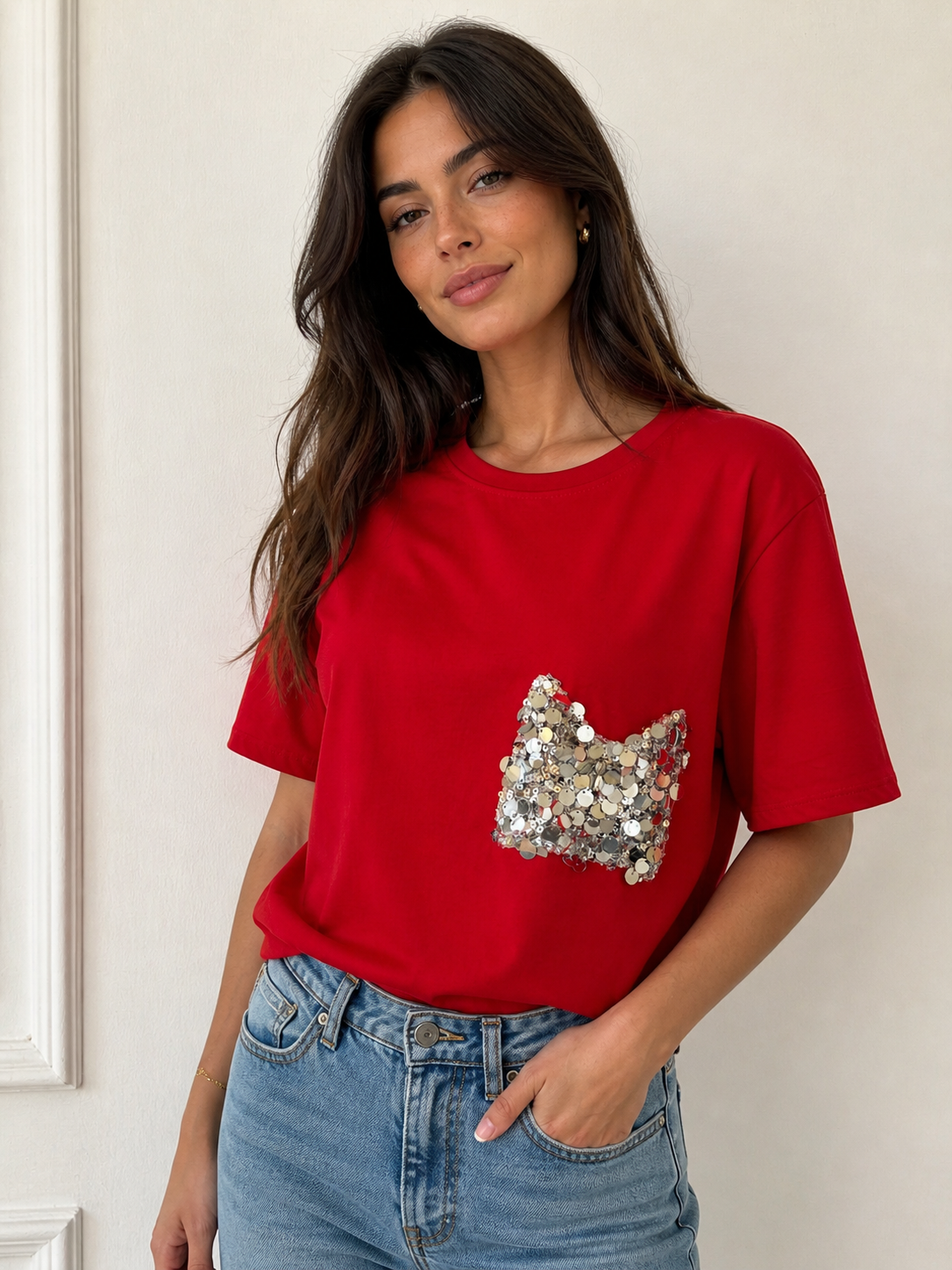T-shirt con Taschino in Paillettes