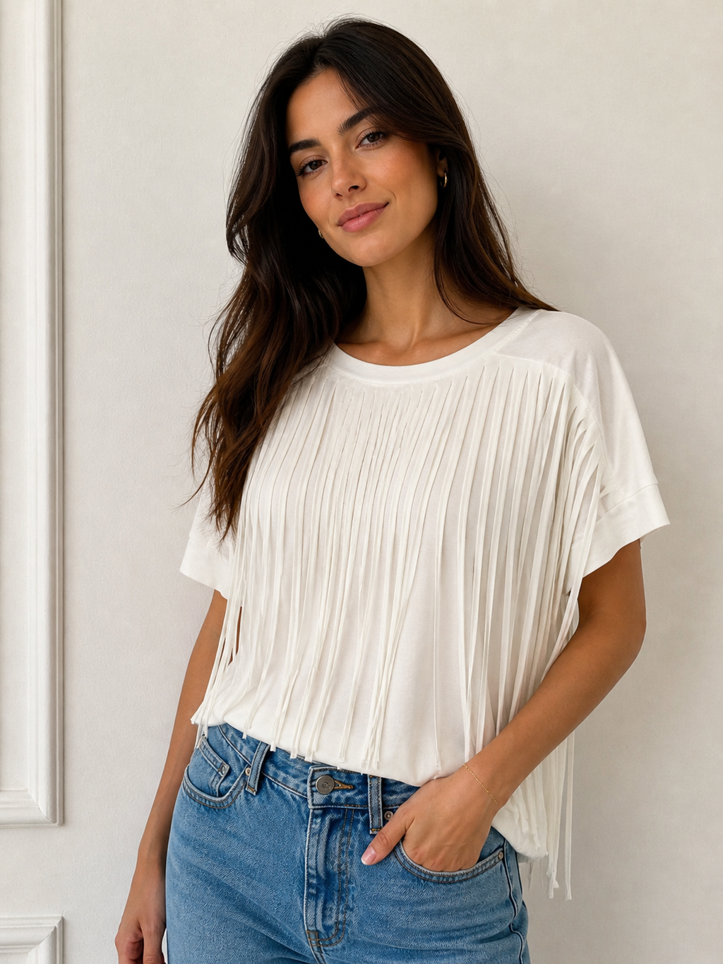 T-shirt Girocollo con Frange