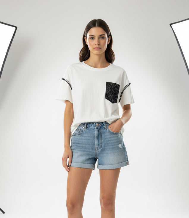 T-shirt con Tasca con Strass e Profili Giromanica
