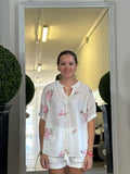 Blusa in Cotone con Ricamo Floreale Manica Corta Collo Scollatura Keyhole