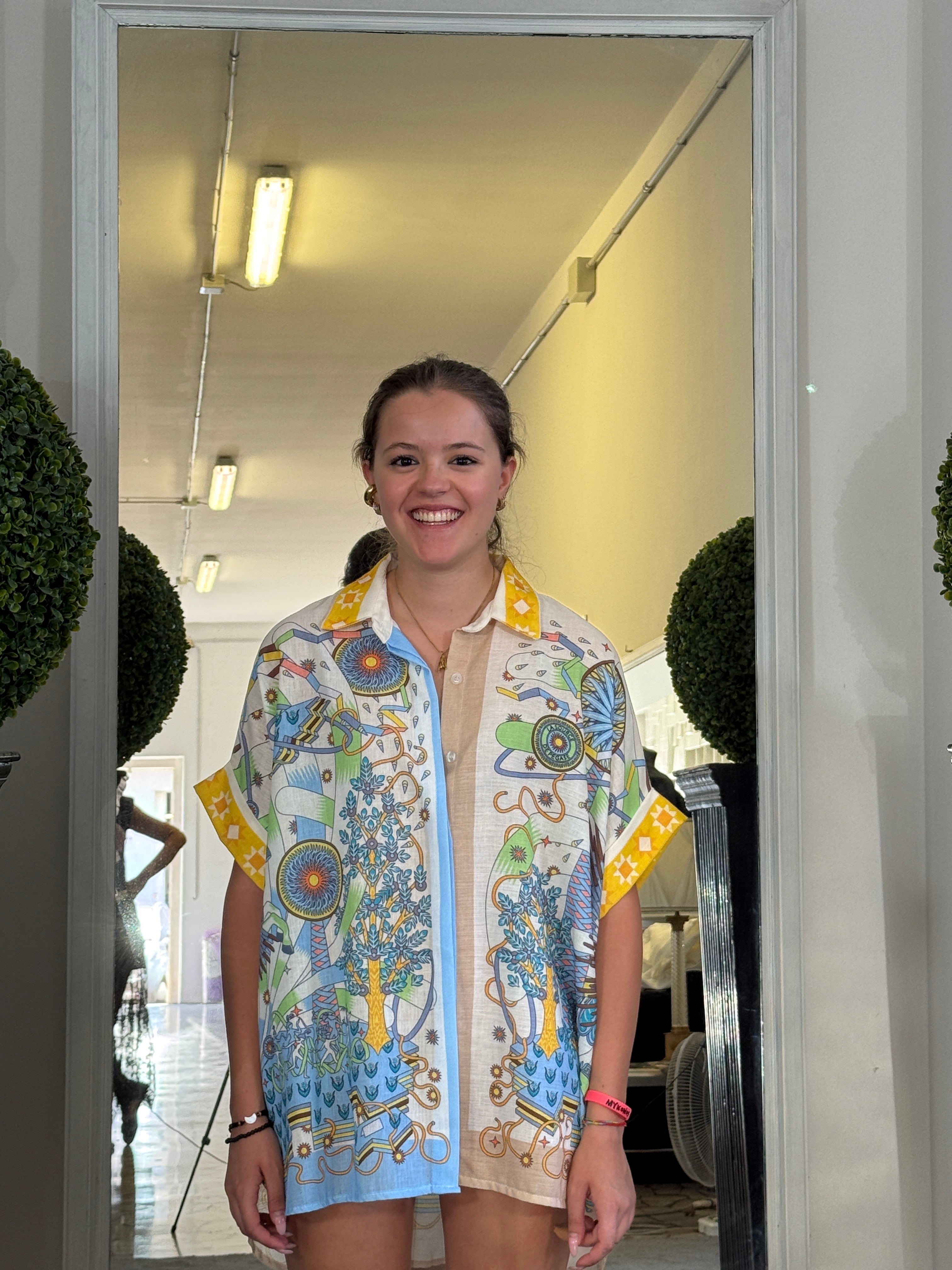 Camicia Oversize Stile Capri in Misto Lino con Stampa Fantasia