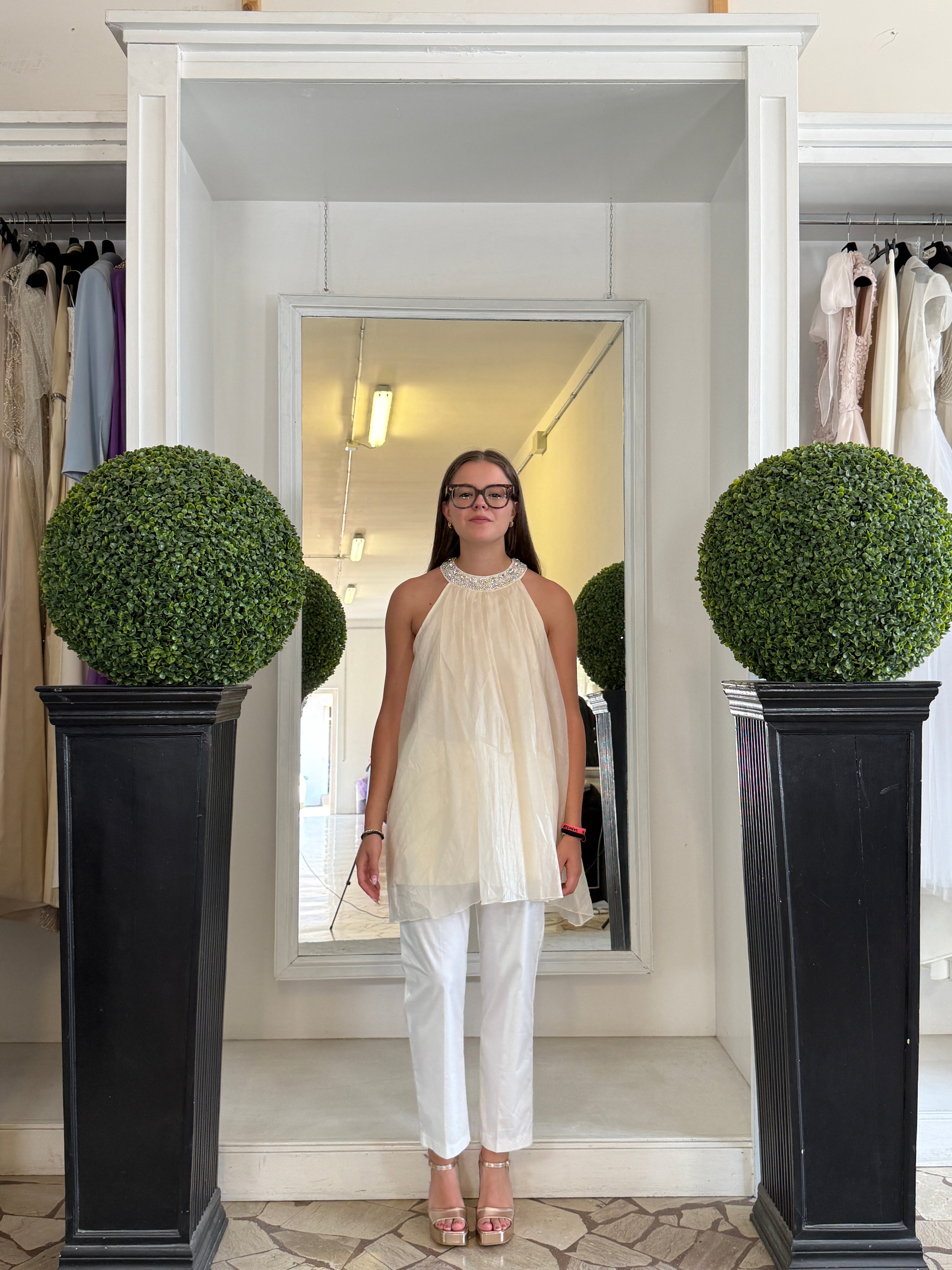Tunica Halter all'Americana con Scollo con Cristalli Cuciti
