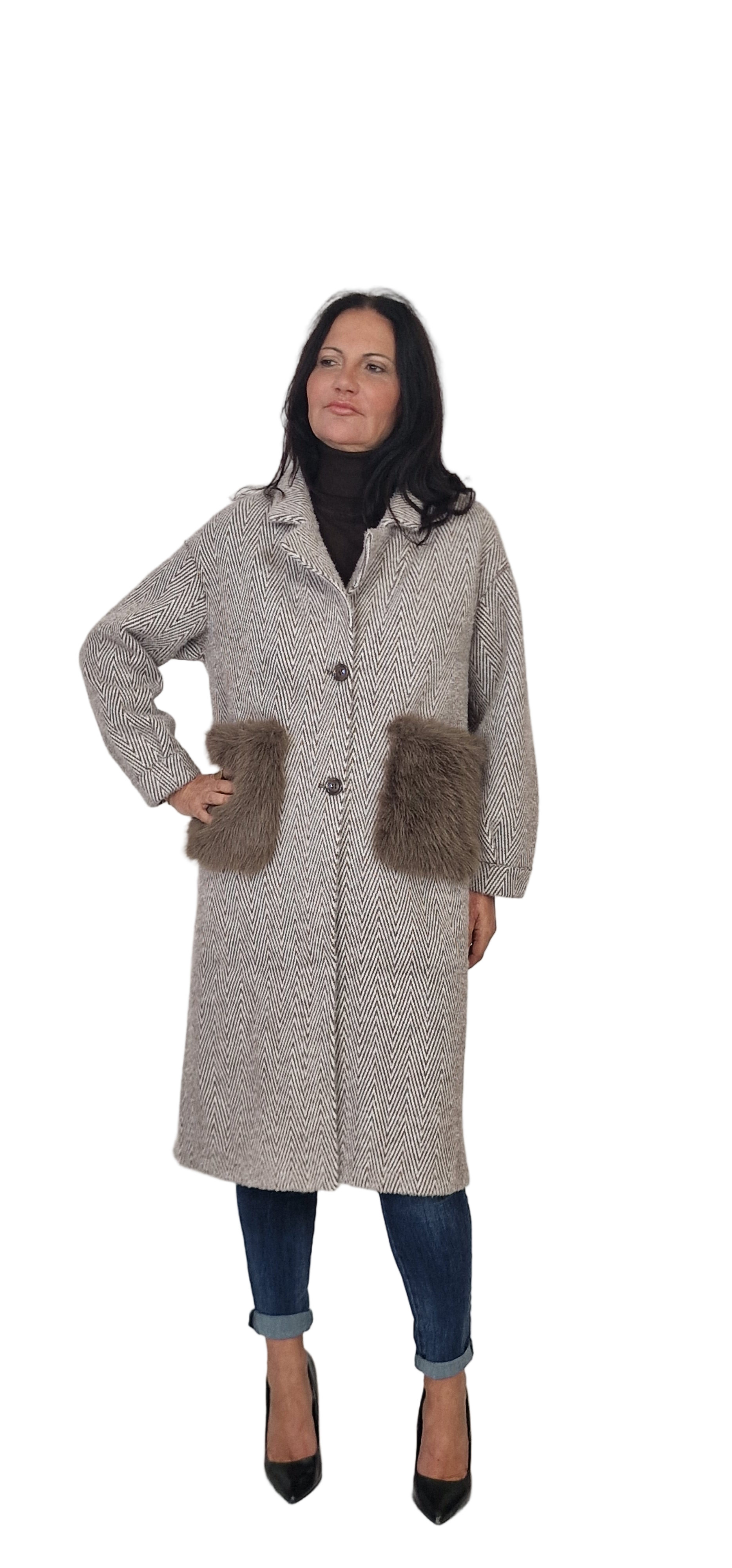 Cappotto tweed con tasconi pelliccia